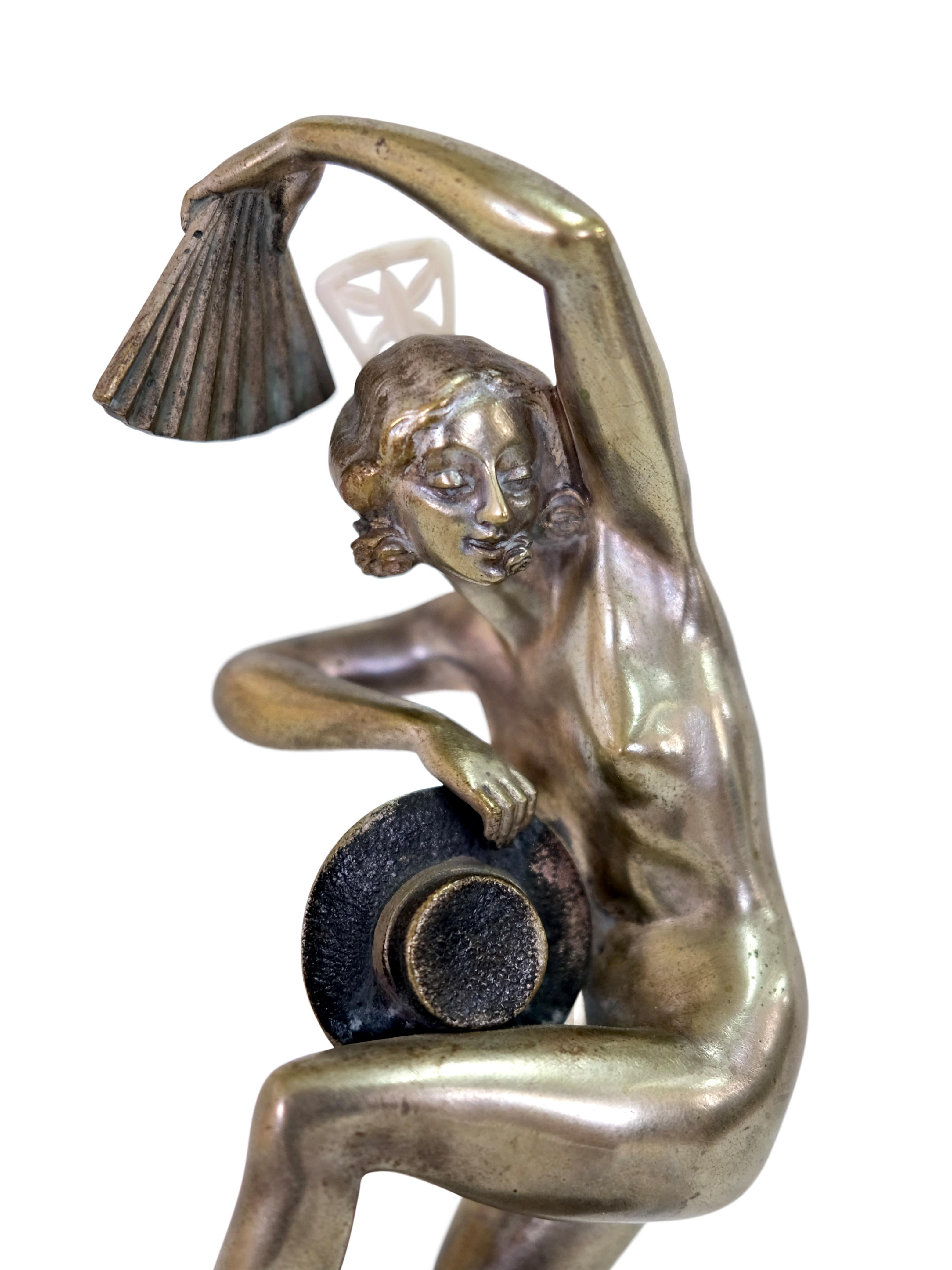 Silvered French Art Deco Bronze Sculpture Dancer with Hat and Fan by Marcel Bouraine