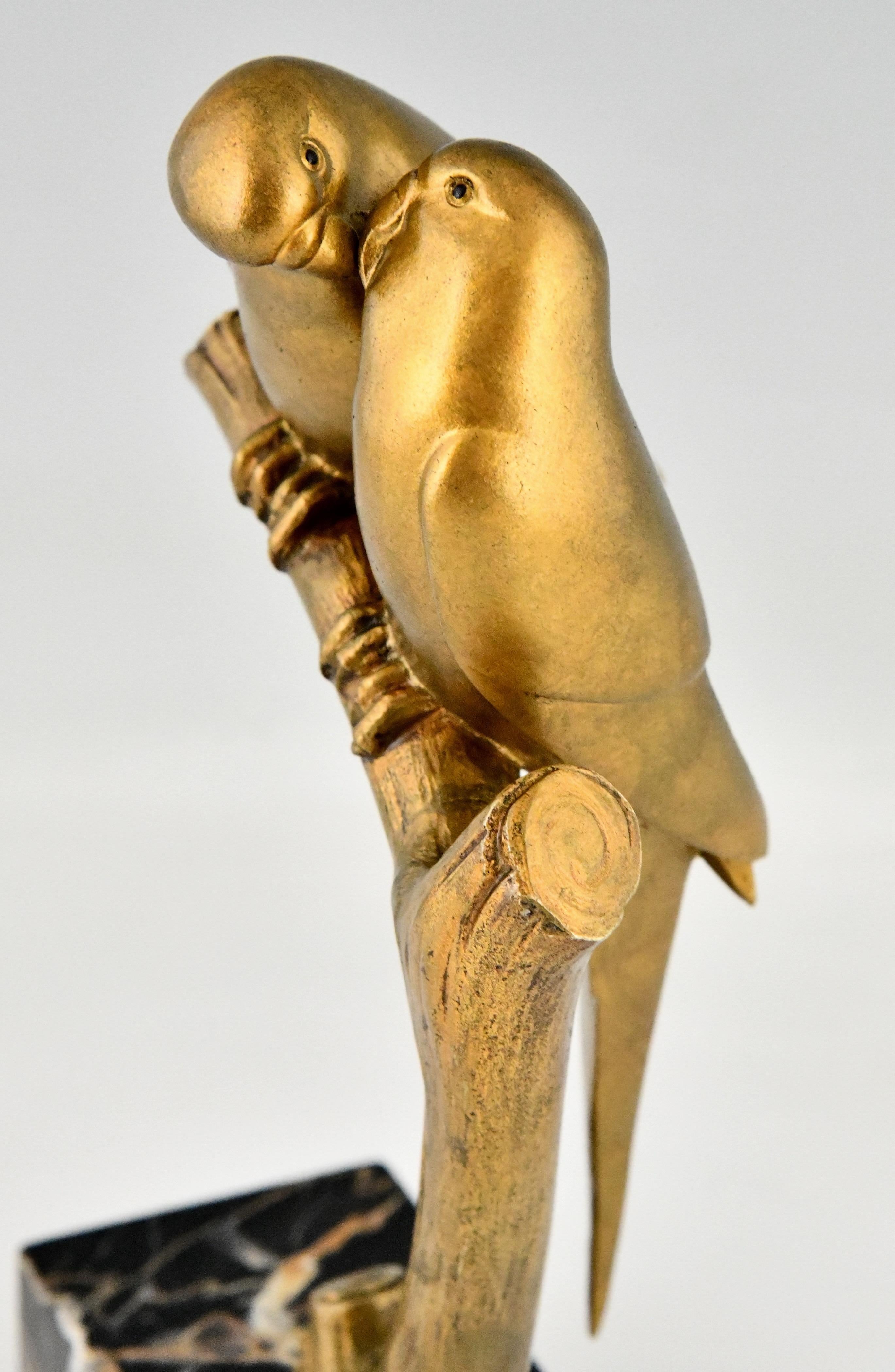 French Art Deco Bronze Sculpture Lovebirds Parakeets by Paul Marec, France 1925 4