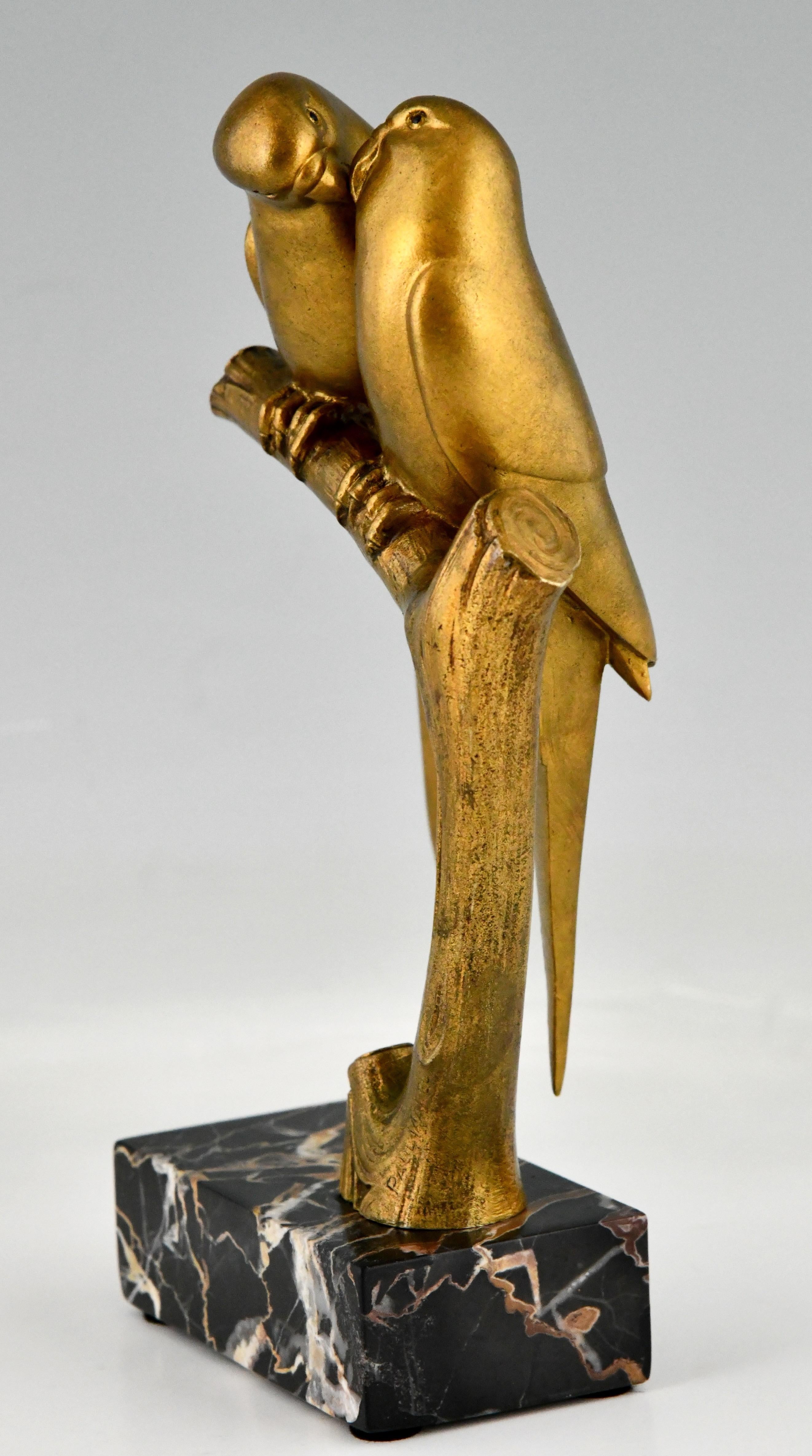Gilt French Art Deco Bronze Sculpture Lovebirds Parakeets by Paul Marec, France 1925
