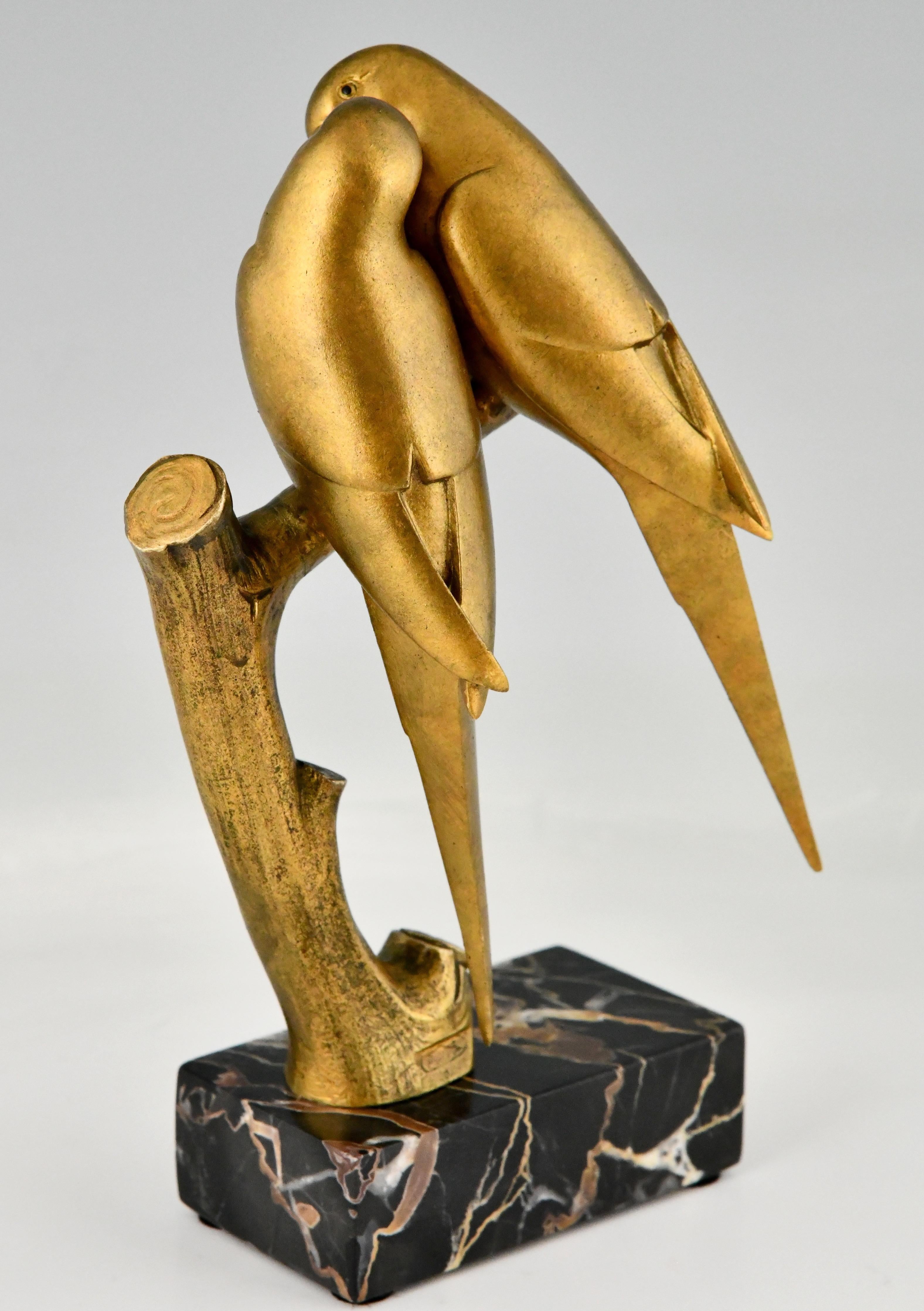 Early 20th Century French Art Deco Bronze Sculpture Lovebirds Parakeets by Paul Marec, France 1925