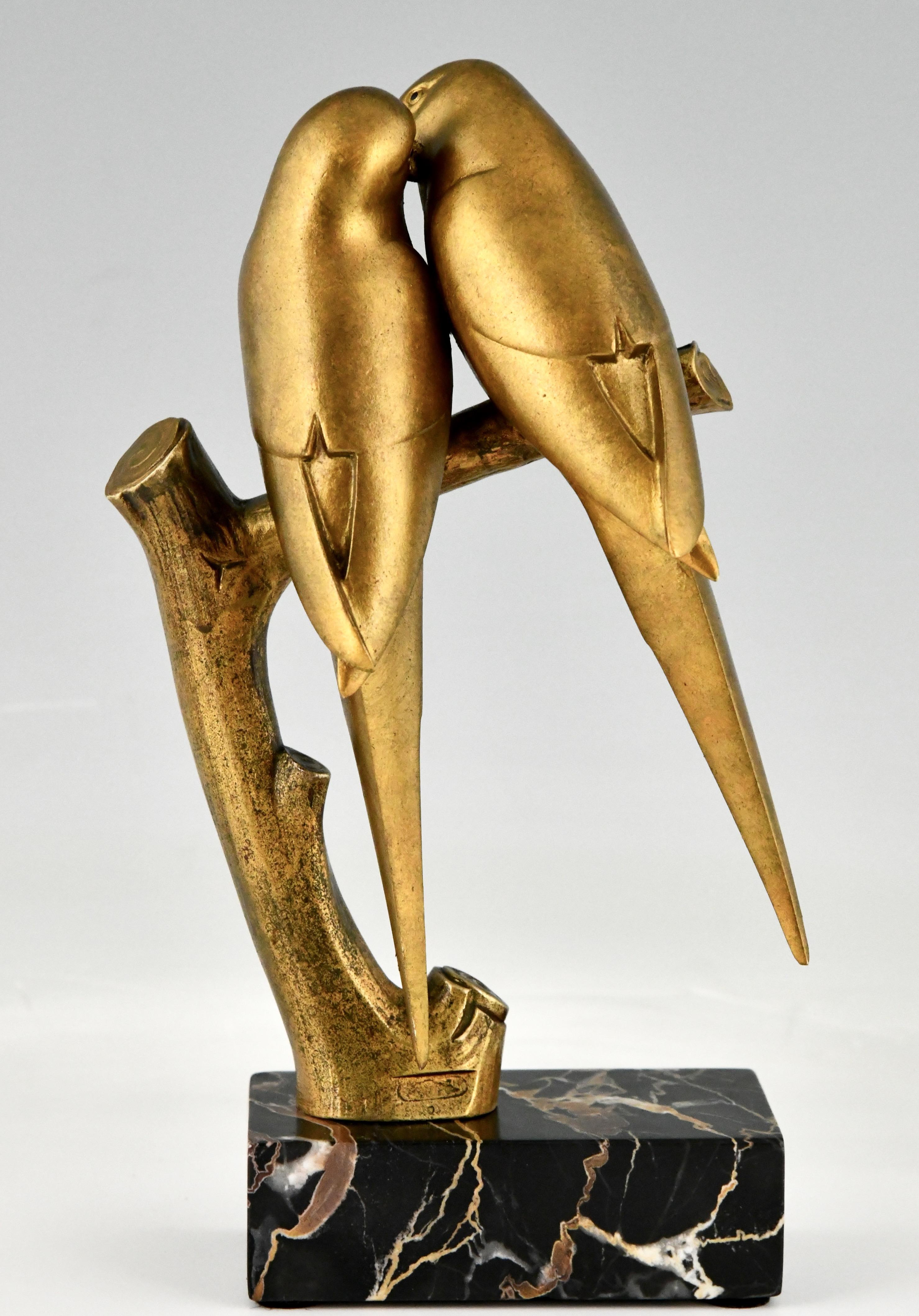 Marble French Art Deco Bronze Sculpture Lovebirds Parakeets by Paul Marec, France 1925