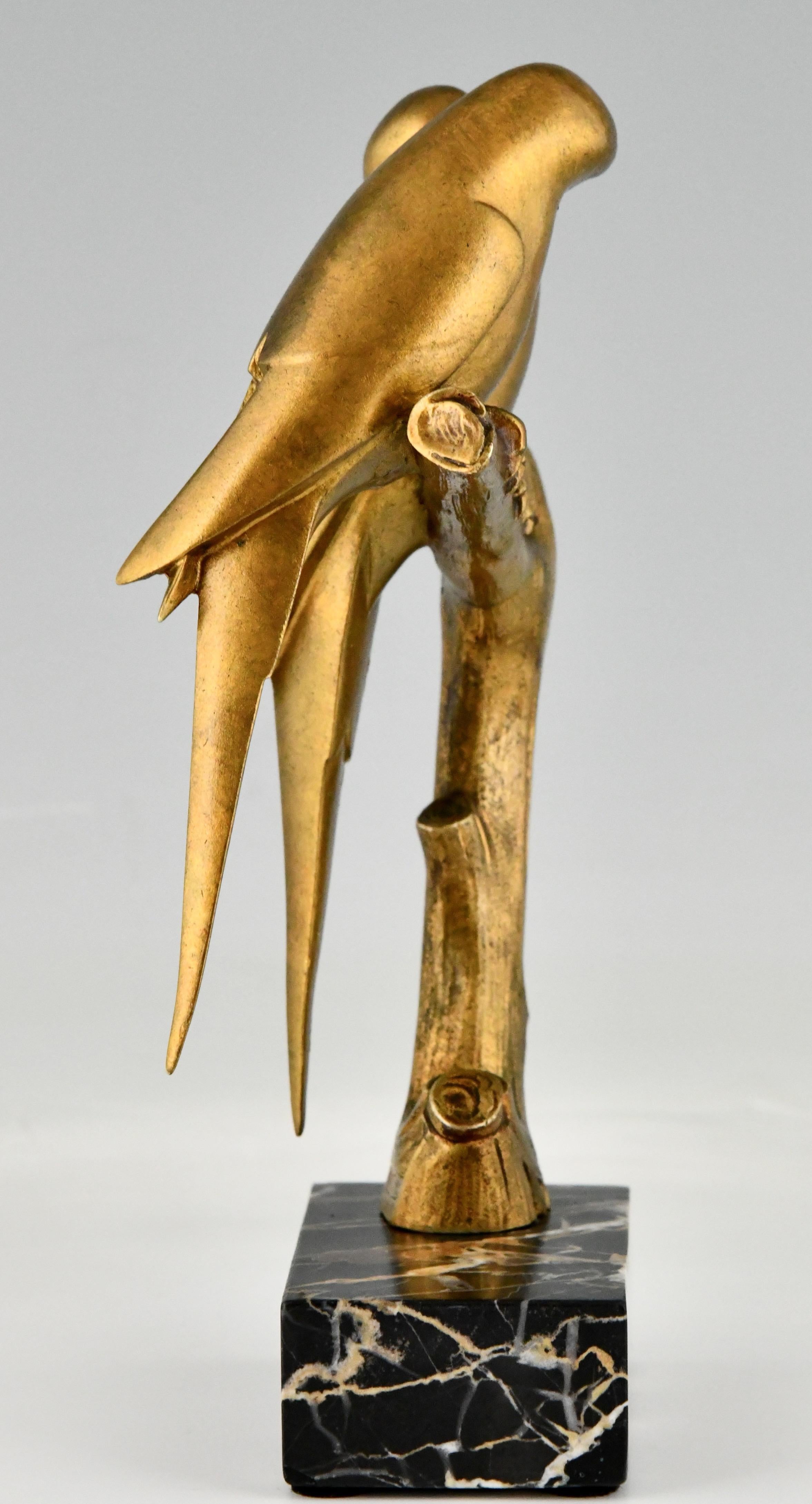 French Art Deco Bronze Sculpture Lovebirds Parakeets by Paul Marec, France 1925 1