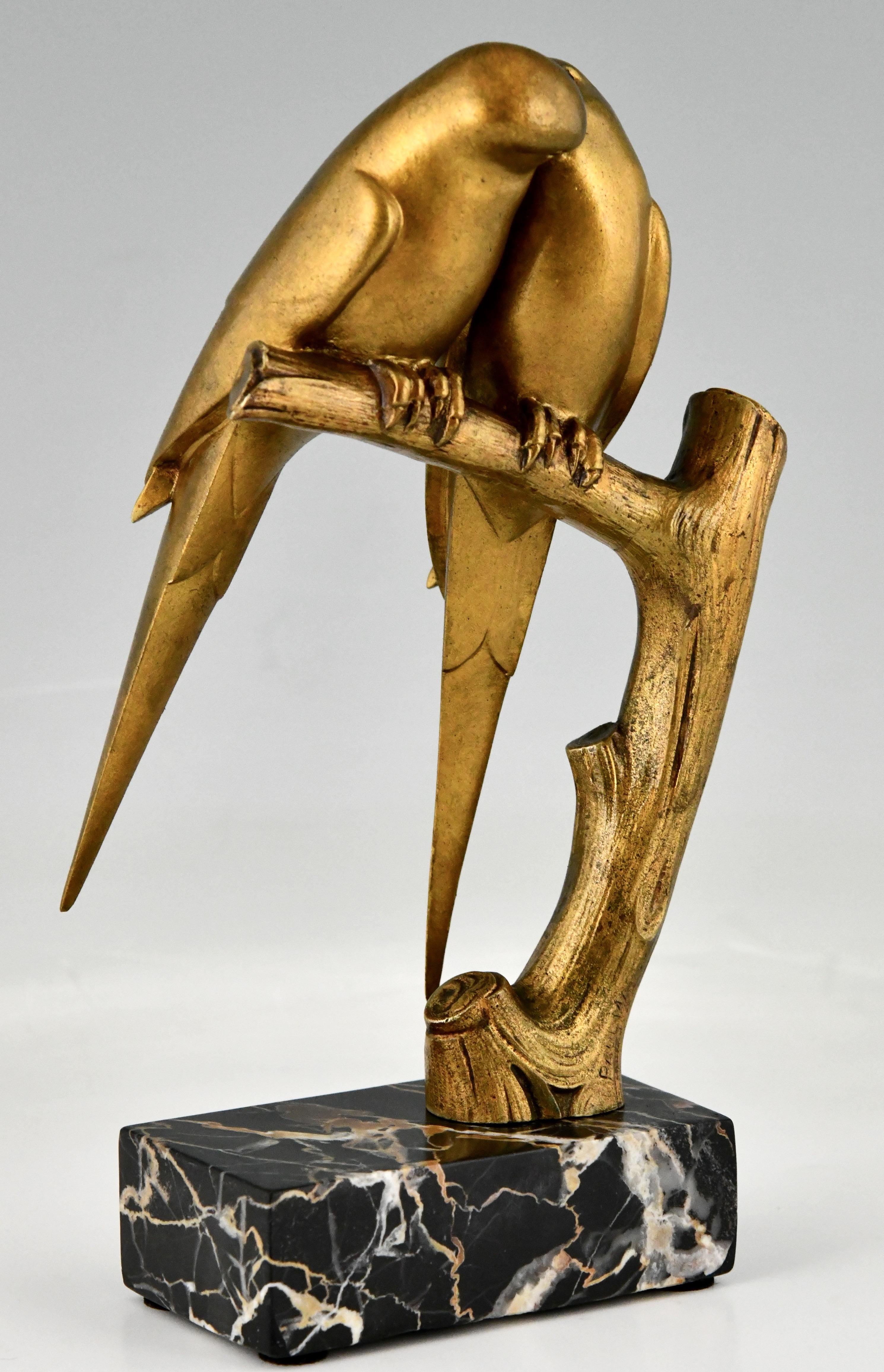 French Art Deco Bronze Sculpture Lovebirds Parakeets by Paul Marec, France 1925 2