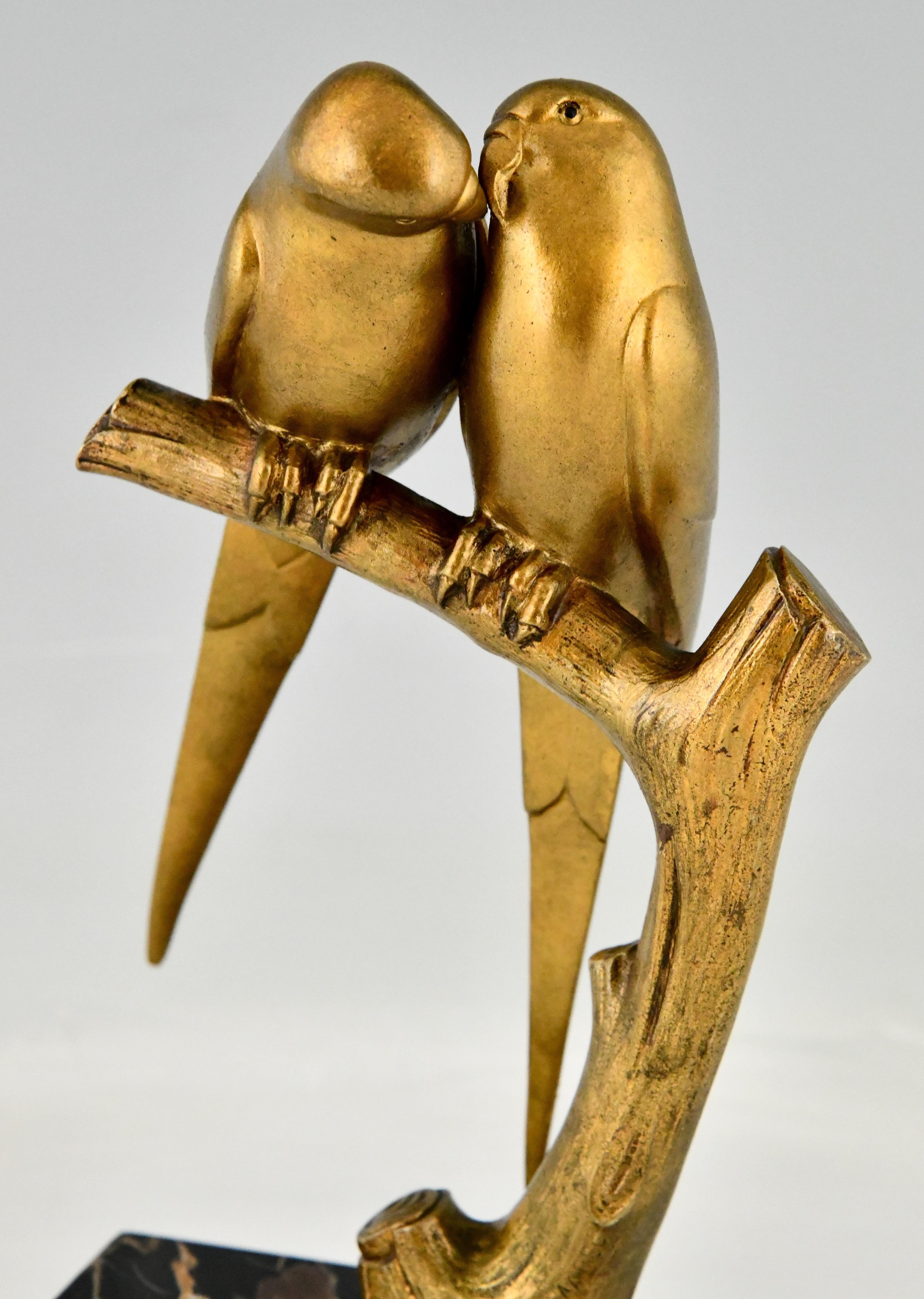 French Art Deco Bronze Sculpture Lovebirds Parakeets by Paul Marec, France 1925 3
