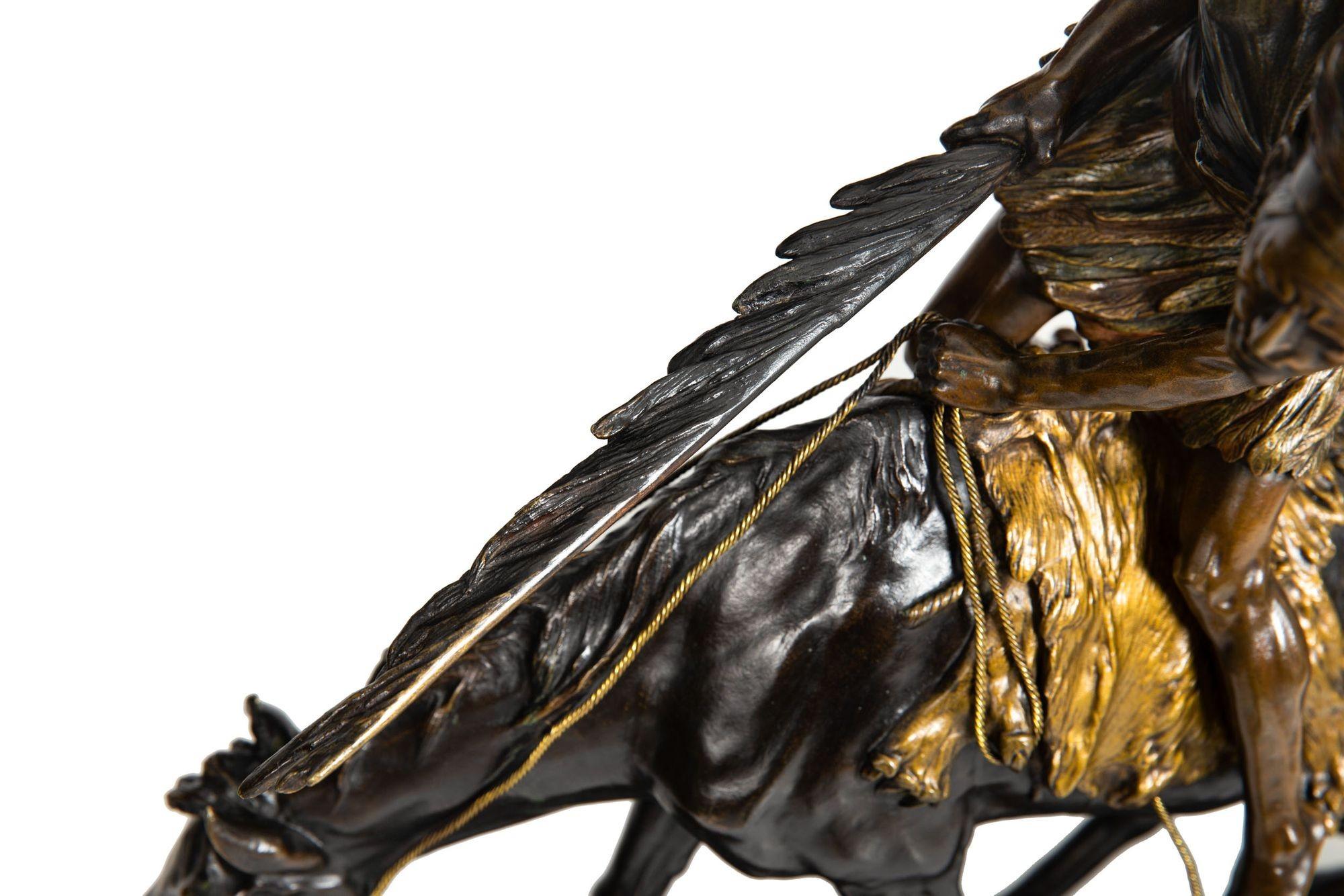 Französische Art-déco-Bronze-Skulptur einer amerikanischen Ureinwohner auf Pferd Edouard Drouot, Art déco im Angebot 12