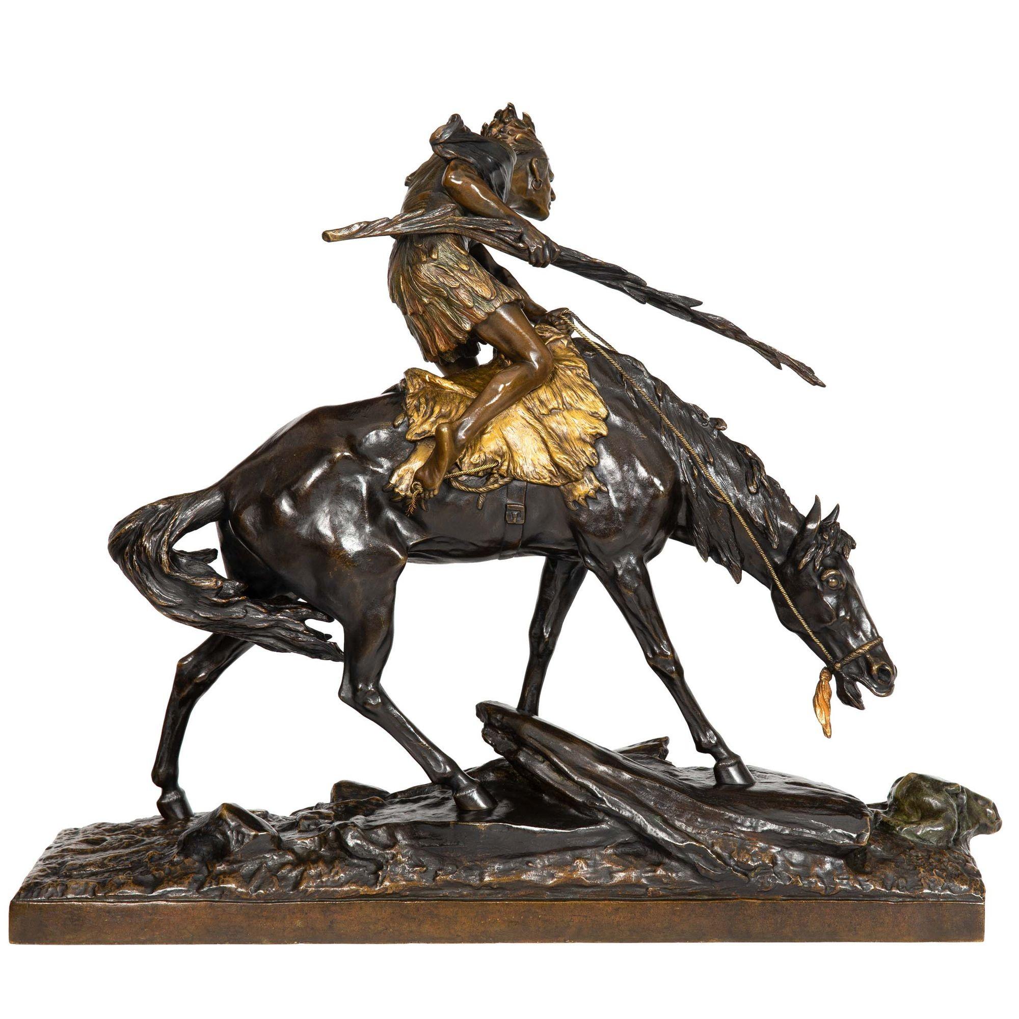 20th Century French Art Deco Bronze Sculpture “Native American on Horse” Edouard Drouot For Sale