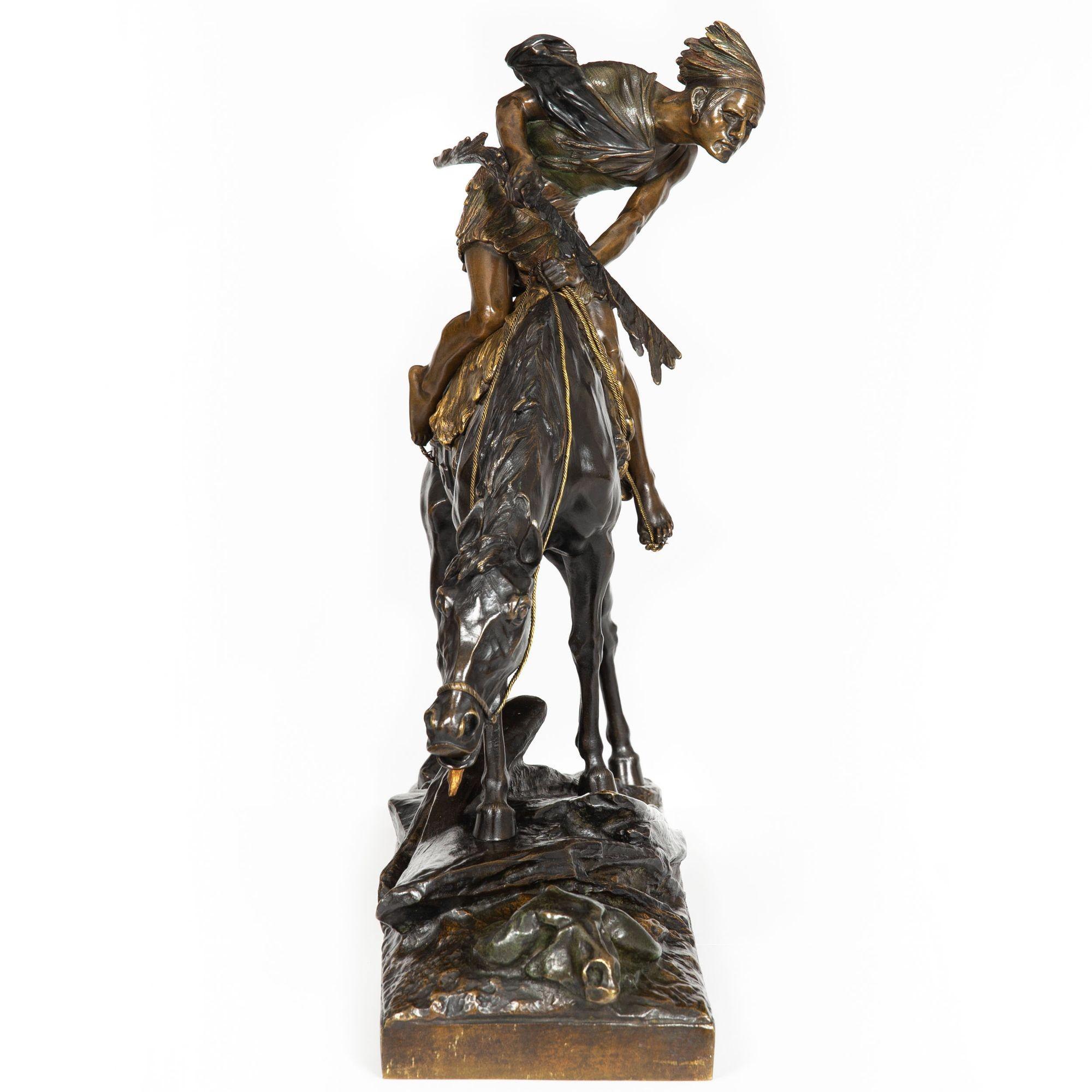 French Art Deco Bronze Sculpture “Native American on Horse” Edouard Drouot For Sale 1