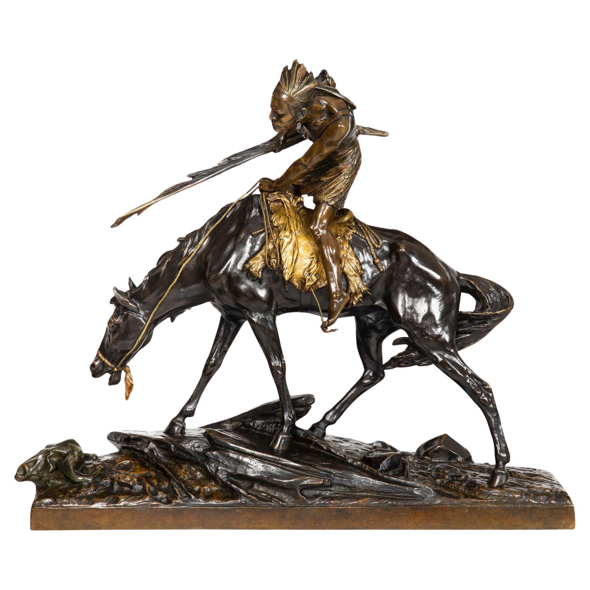 French Art Deco Bronze Sculpture “Native American on Horse” Edouard Drouot