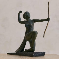 French Art Deco Bronze Sculpture of Diana on Marble Plinth, 1930s