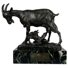 French Art Deco Bronze Sculpture of Goat Family by Georges Vacossin