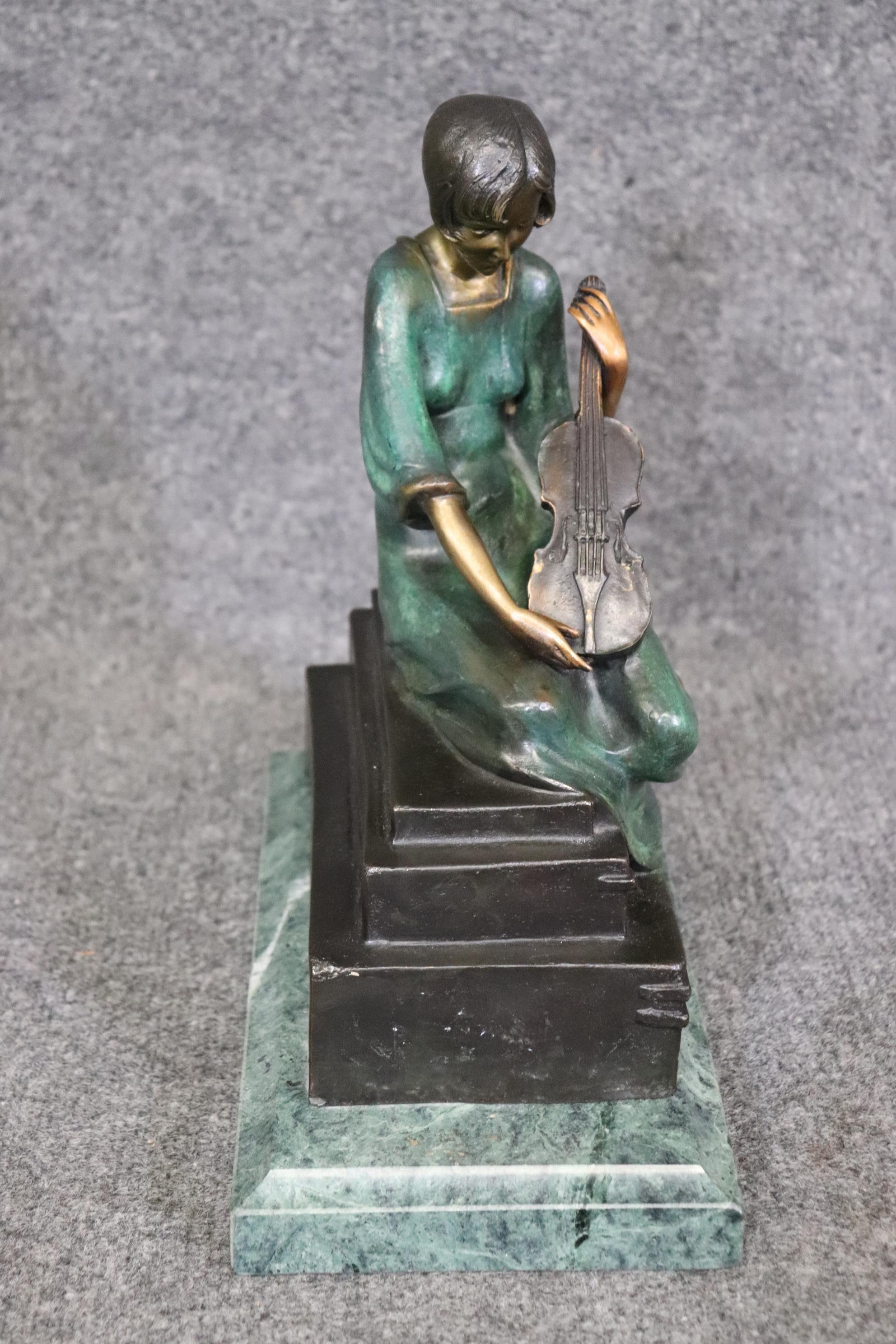 Cast French Art Deco Bronze Sculpture on Marble Base of Violinist After Philippe  For Sale