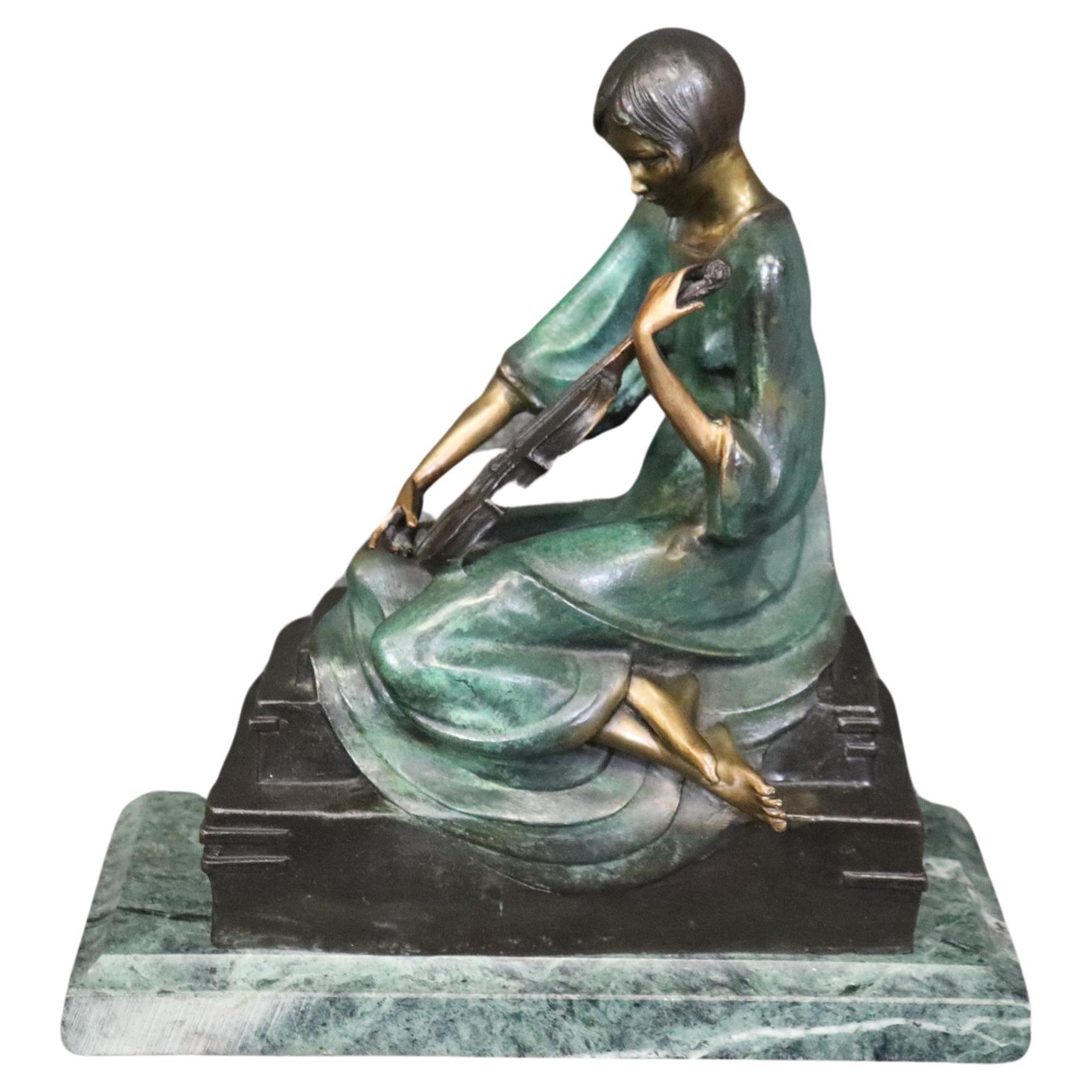 French Art Deco Bronze Sculpture on Marble Base of Violinist After Philippe  For Sale