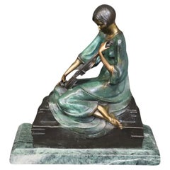 French Art Deco Bronze Sculpture on Marble Base of Violinist After Philippe 