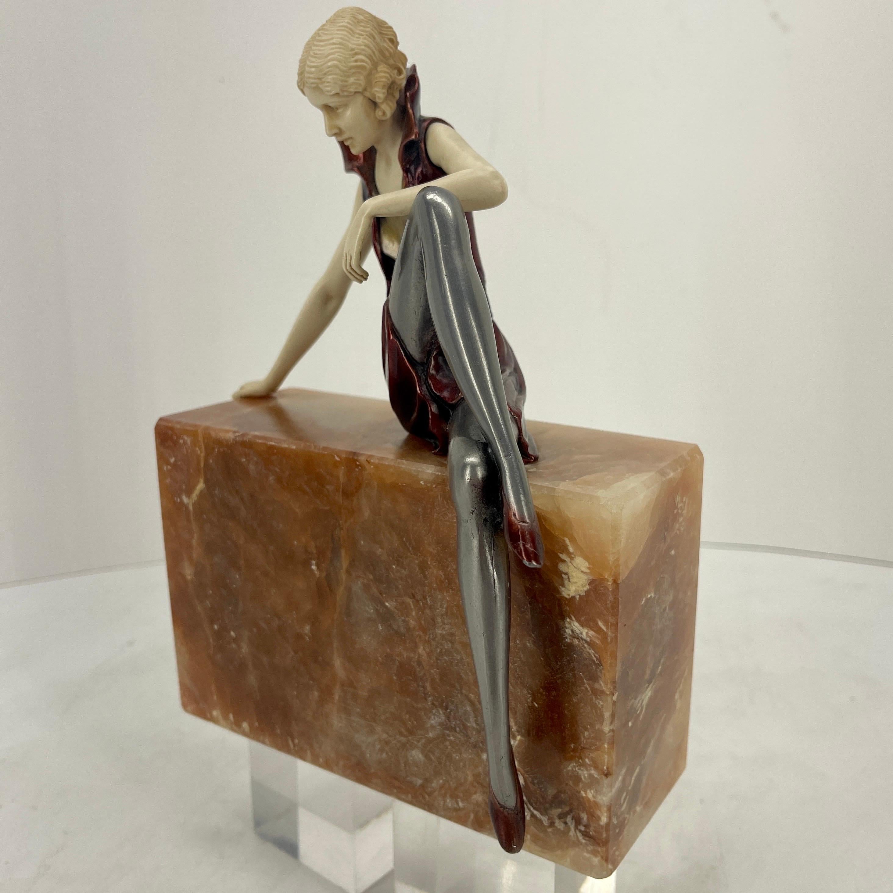 French Art Deco Bronze Sculpture on Rectangular Agate Base, Circa 1925 2