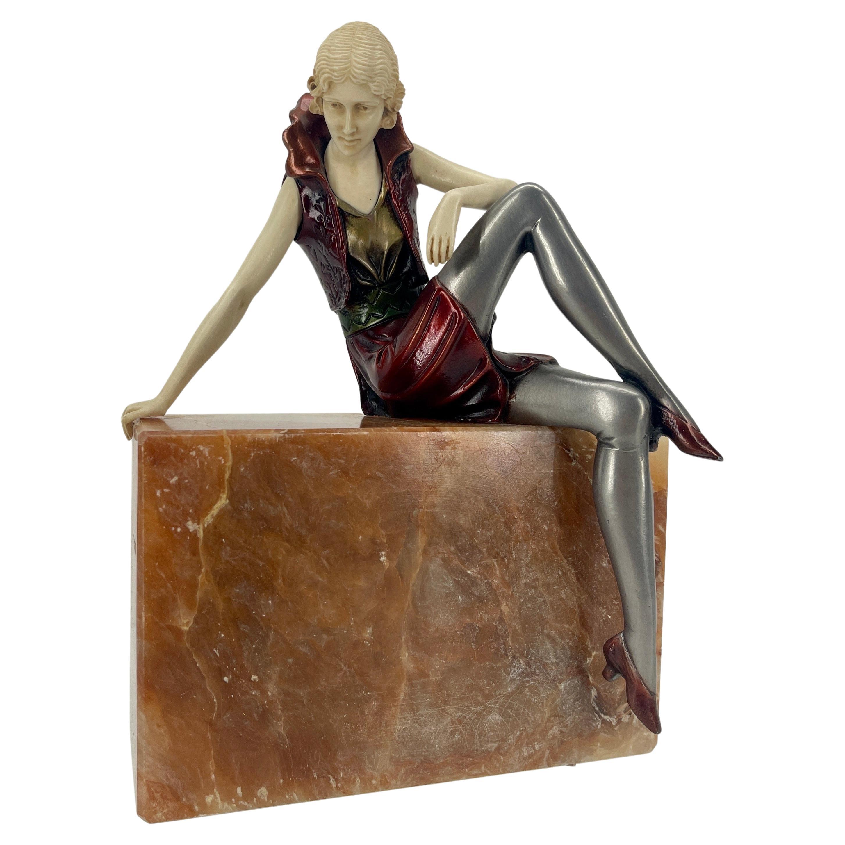 French Art Deco Bronze Sculpture on Rectangular Agate Base, Circa 1925
