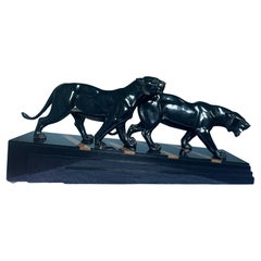 Scultura in bronzo Art Deco francese con pantere nere firmata da Irene Rochard