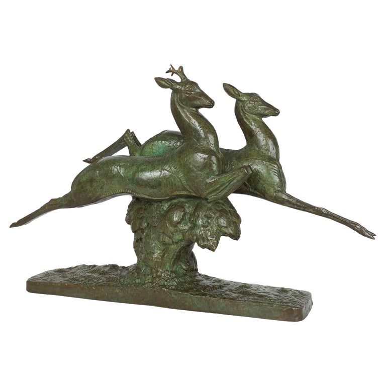 French Art Deco Bronze Sculpture"Leaping Stag & Hind" by André-Vincent Becquerel For Sale