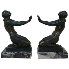 French Art Deco Bronze Semi Nude Women Bookends by Pierre Le Faguays Fayral