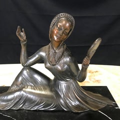 Signed Art Deco “A Lady with her Mirror”  Bronze and Marble Sculpture by Molins
