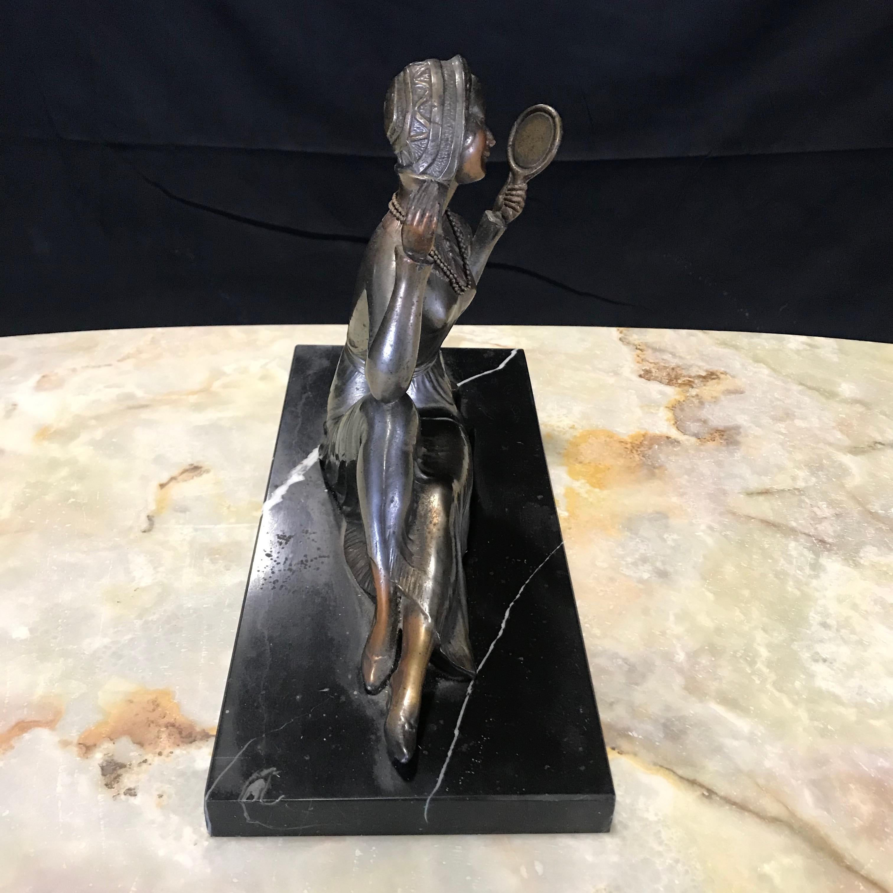 Signed Art Deco “A Lady with her Mirror”  Bronze and Marble Sculpture by Molins In Good Condition For Sale In Hopewell, NJ