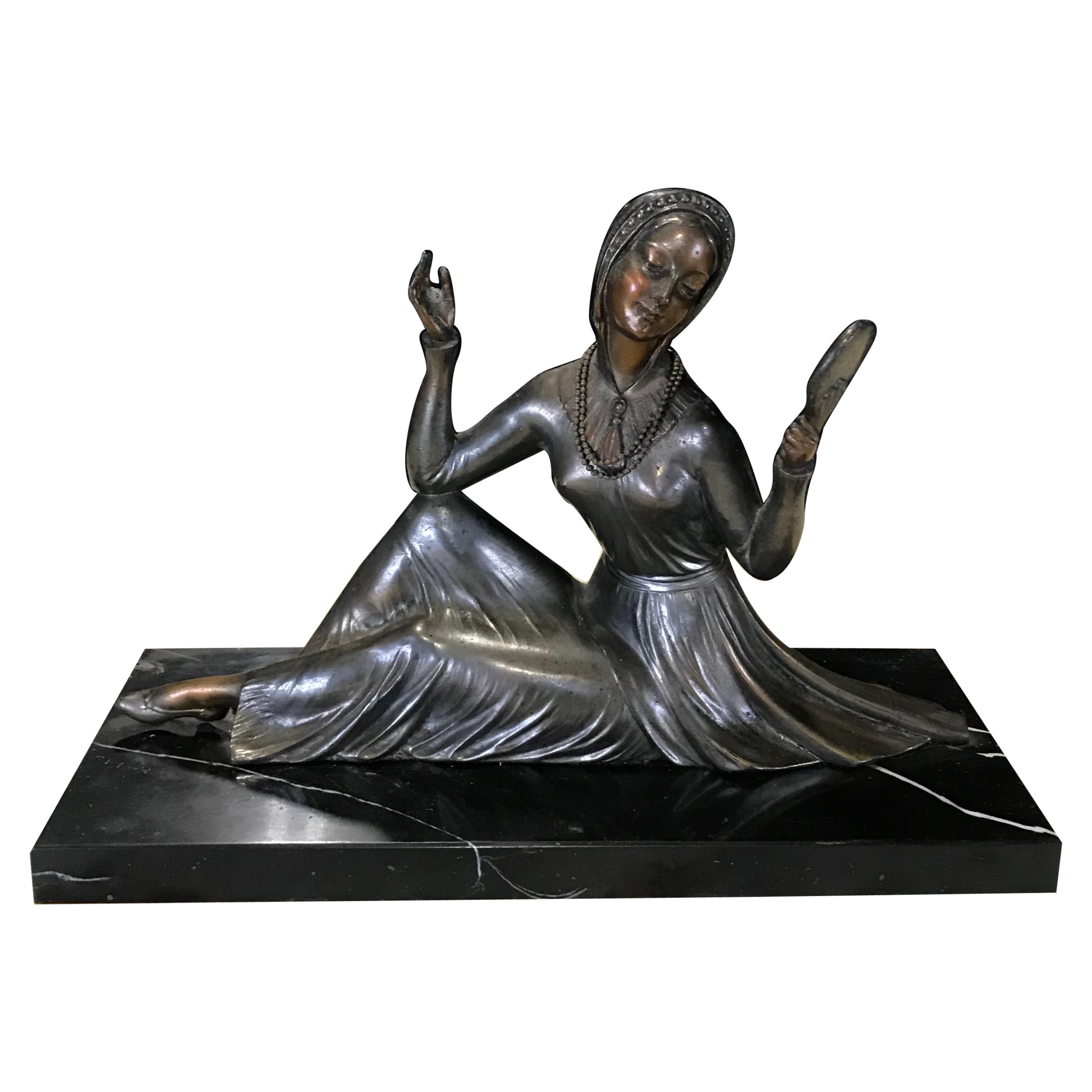 French Art Deco Bronze Spelter Sculpture of Lady with Her Mirror