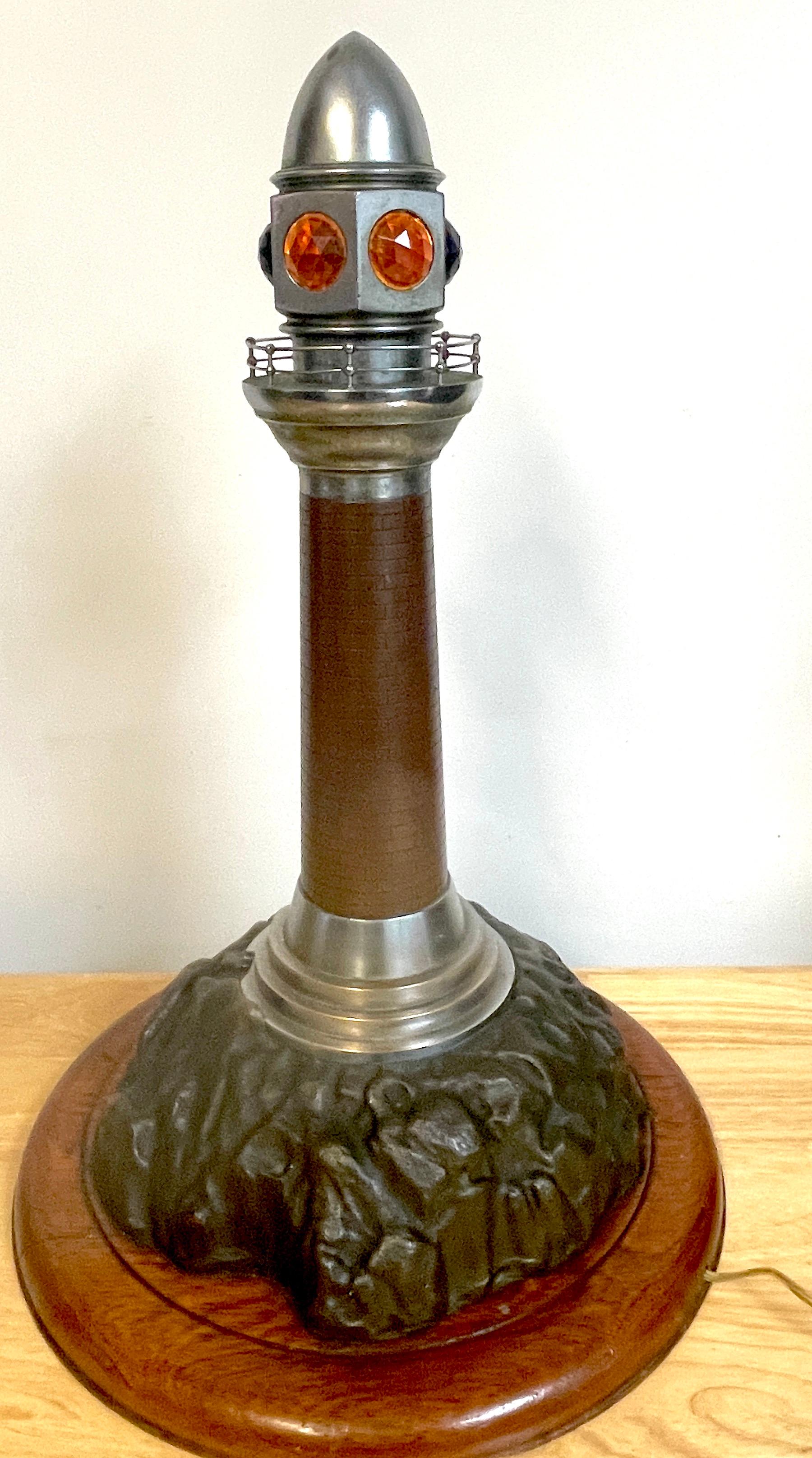 French Art Deco Bronze, Steel, Crystal and Wood Model of a Lighthouse Lamp For Sale 4