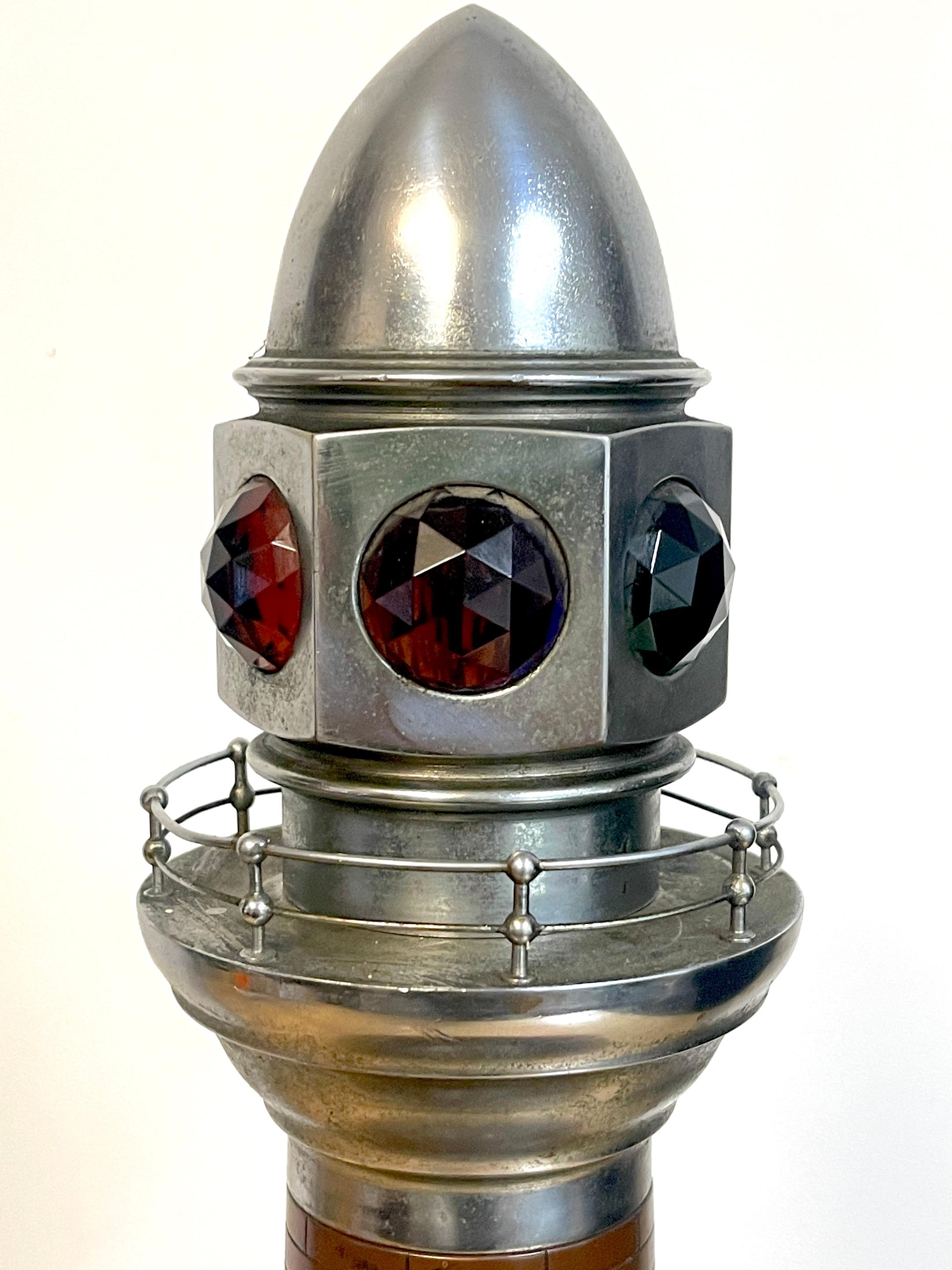 French Art Deco Bronze, Steel, Crystal and Wood Model of a Lighthouse Lamp For Sale 8