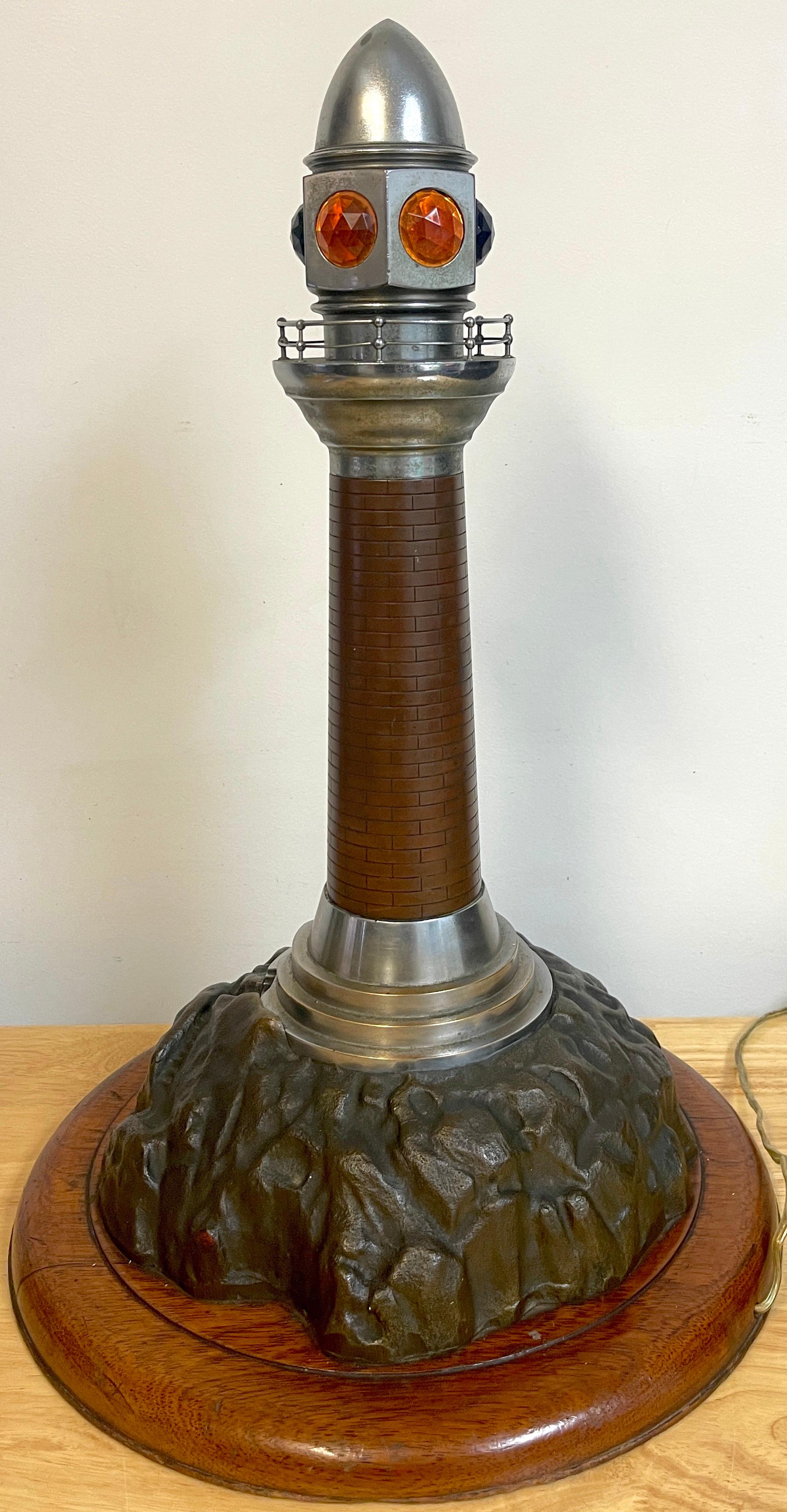 French Art Deco Bronze, Steel, Crystal and Wood Model of a Lighthouse Lamp For Sale 12