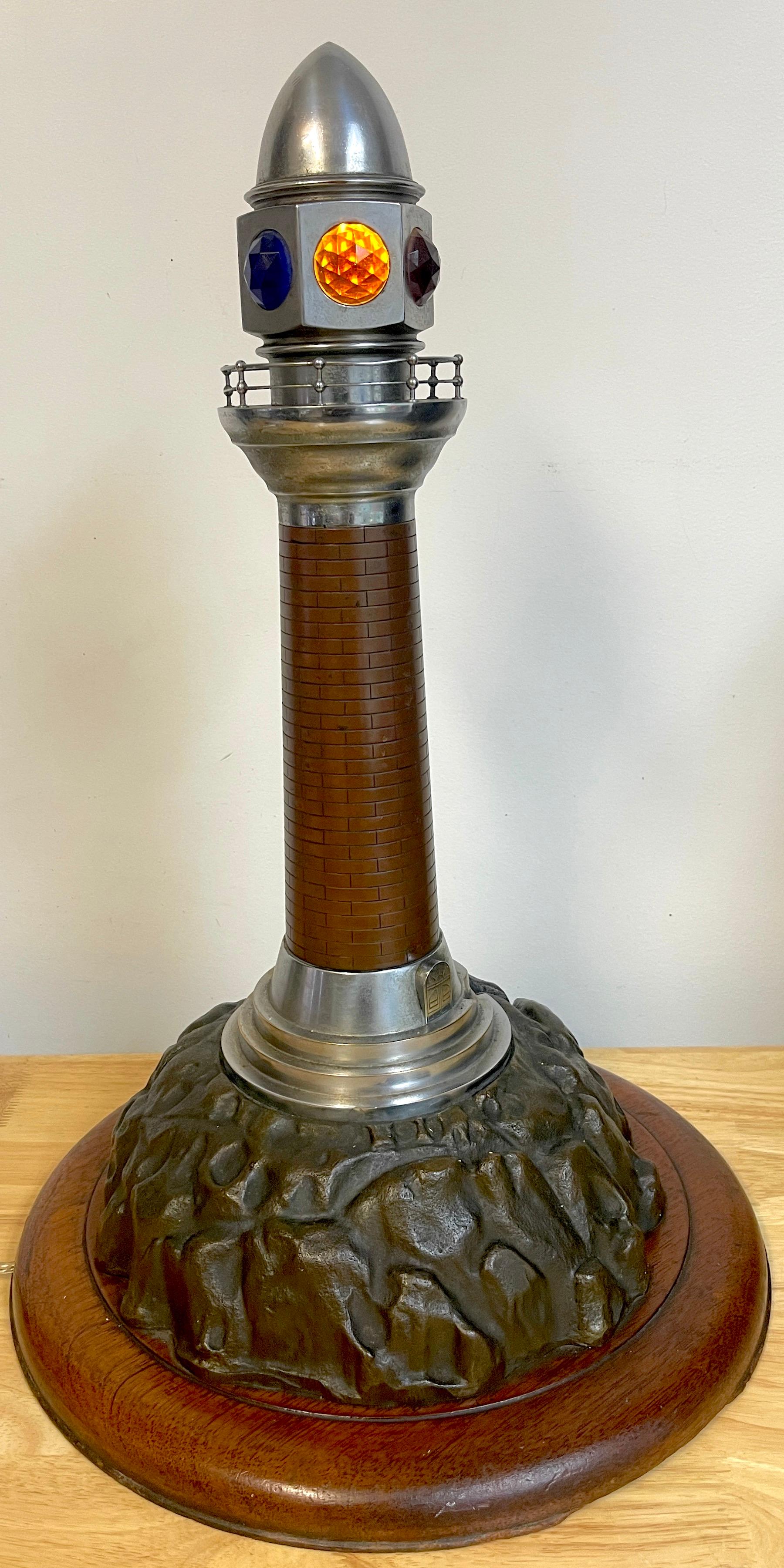 French Art Deco Bronze, Steel, Crystal and Wood Model of a Lighthouse Lamp For Sale 1