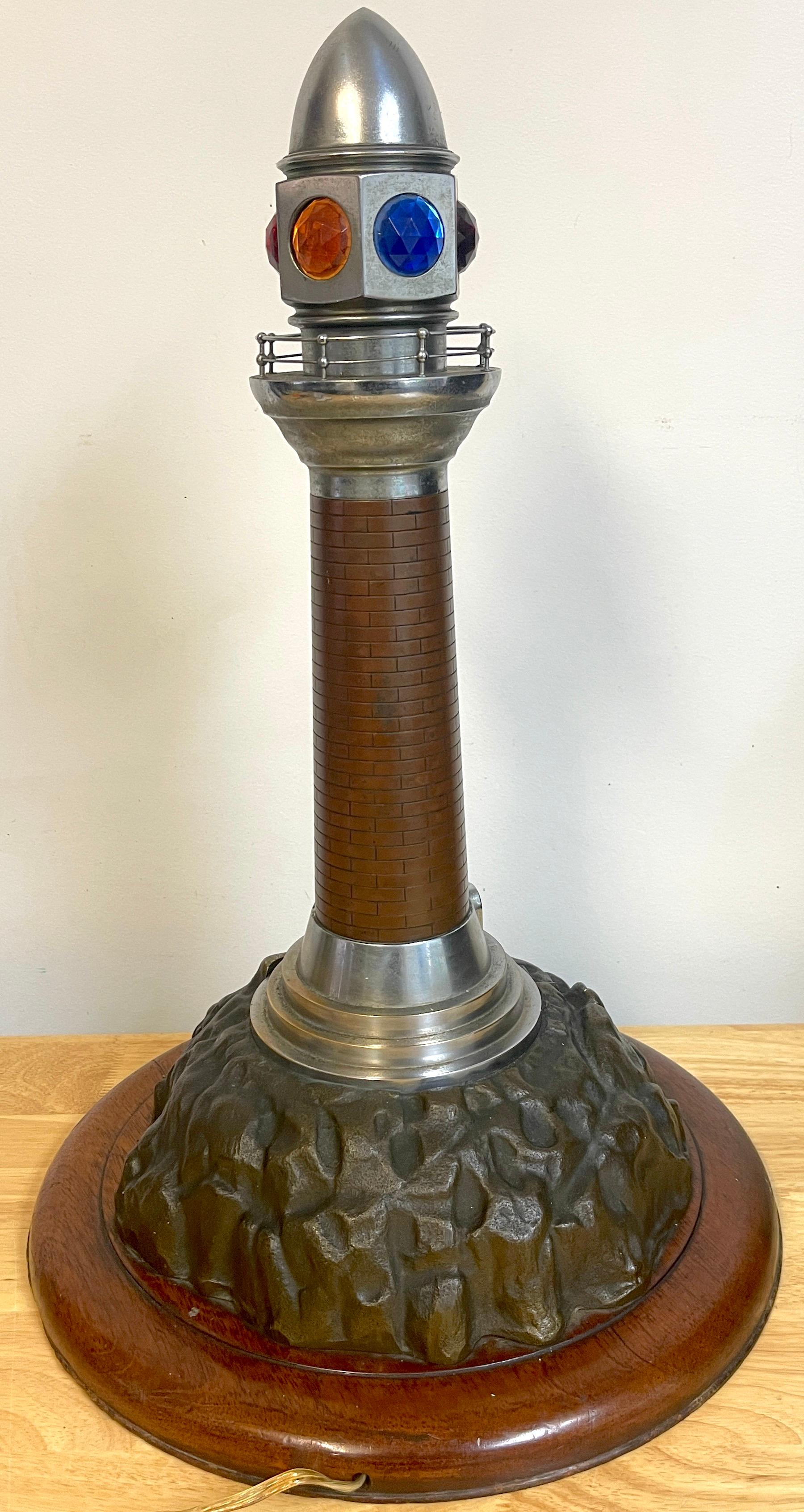 French Art Deco Bronze, Steel, Crystal and Wood Model of a Lighthouse Lamp For Sale 2