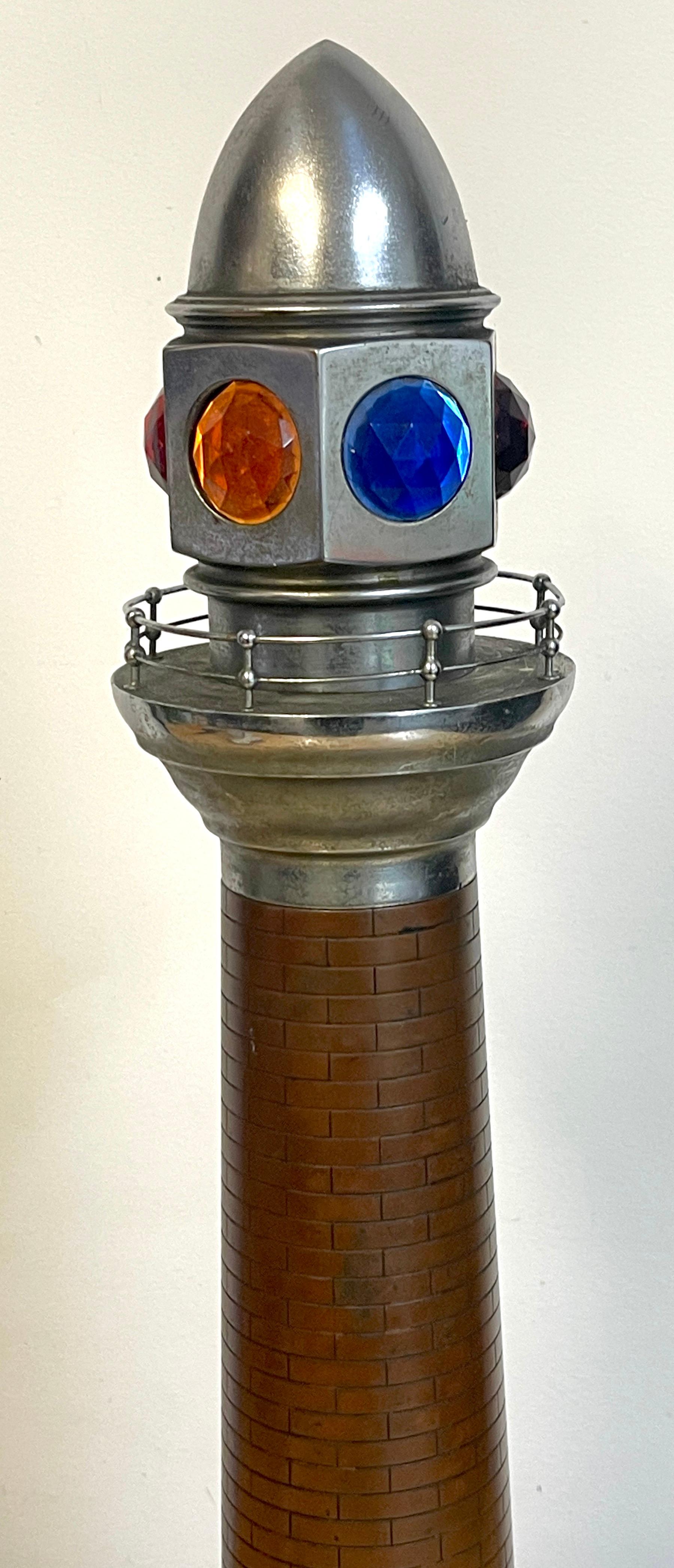French Art Deco Bronze, Steel, Crystal and Wood Model of a Lighthouse Lamp For Sale 3