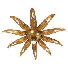 French Art Deco Bronze Sunburst Flower Flush Mount Light Fixture