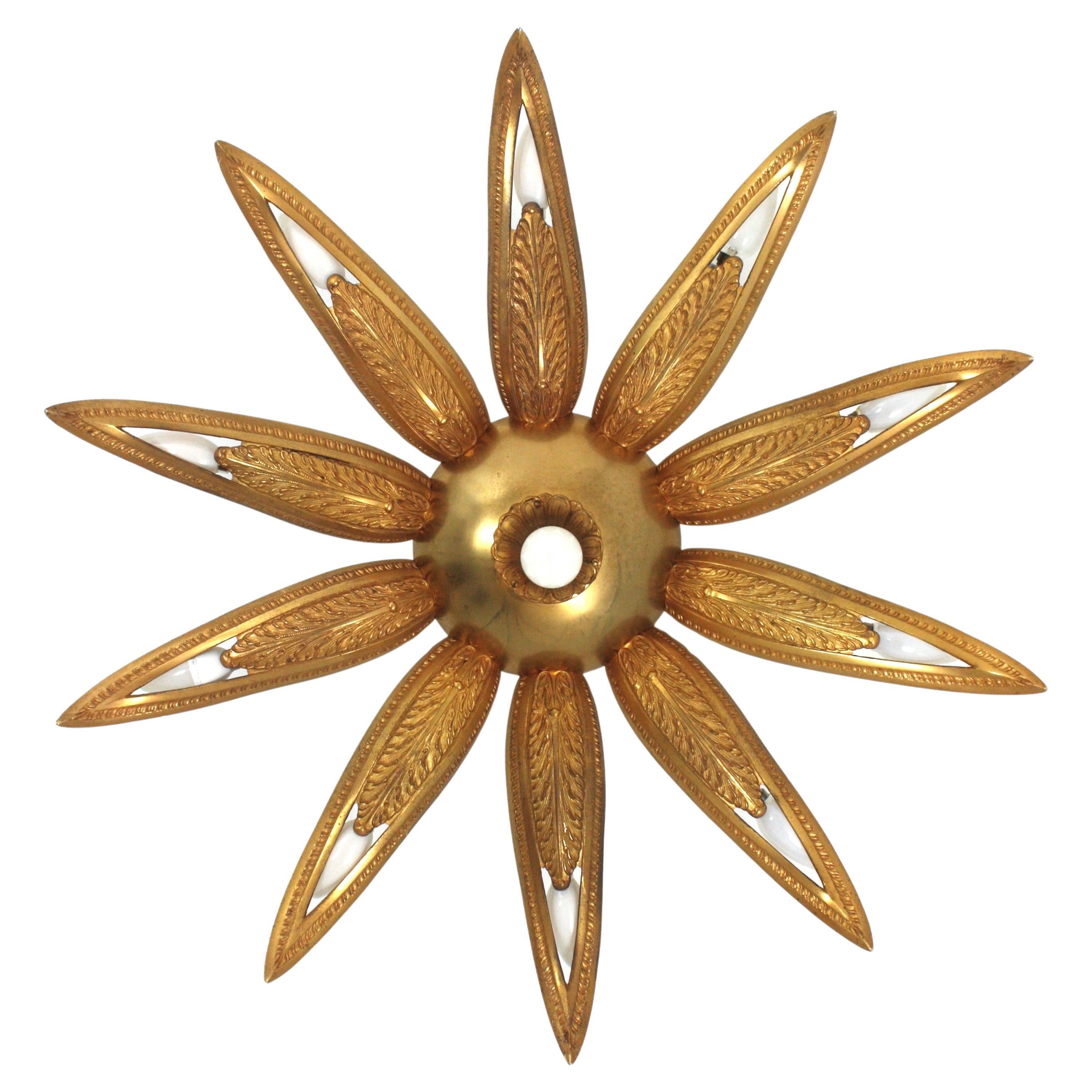 French Art Deco Bronze Sunburst Flower Flush Mount Light Fixture
