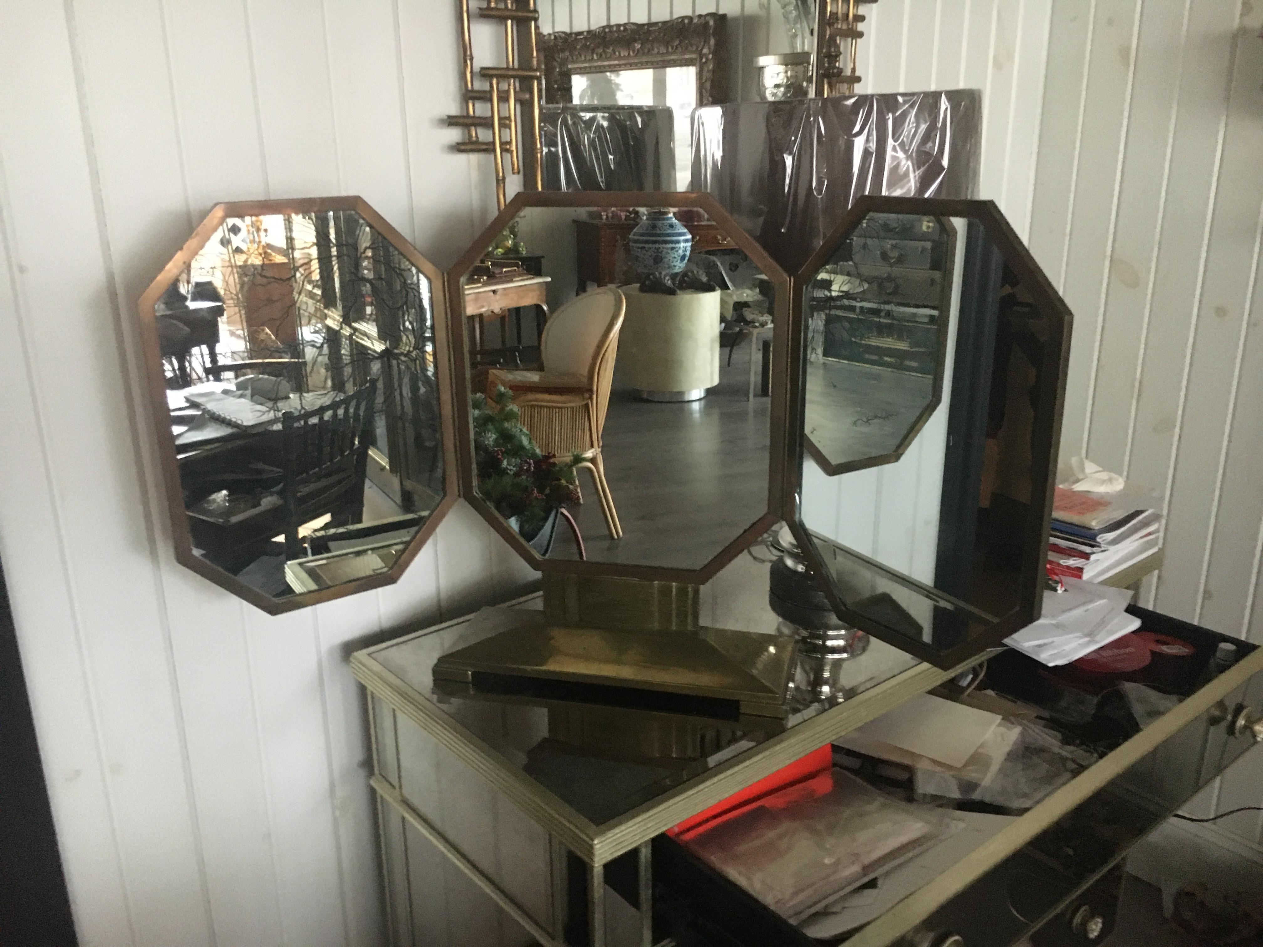 A Very Chic French Art Deco Bronze Vanity Mirror.  Original Mirrors Which Could Be Replaced, Great Scale, Patina.
Fully open: 21.5