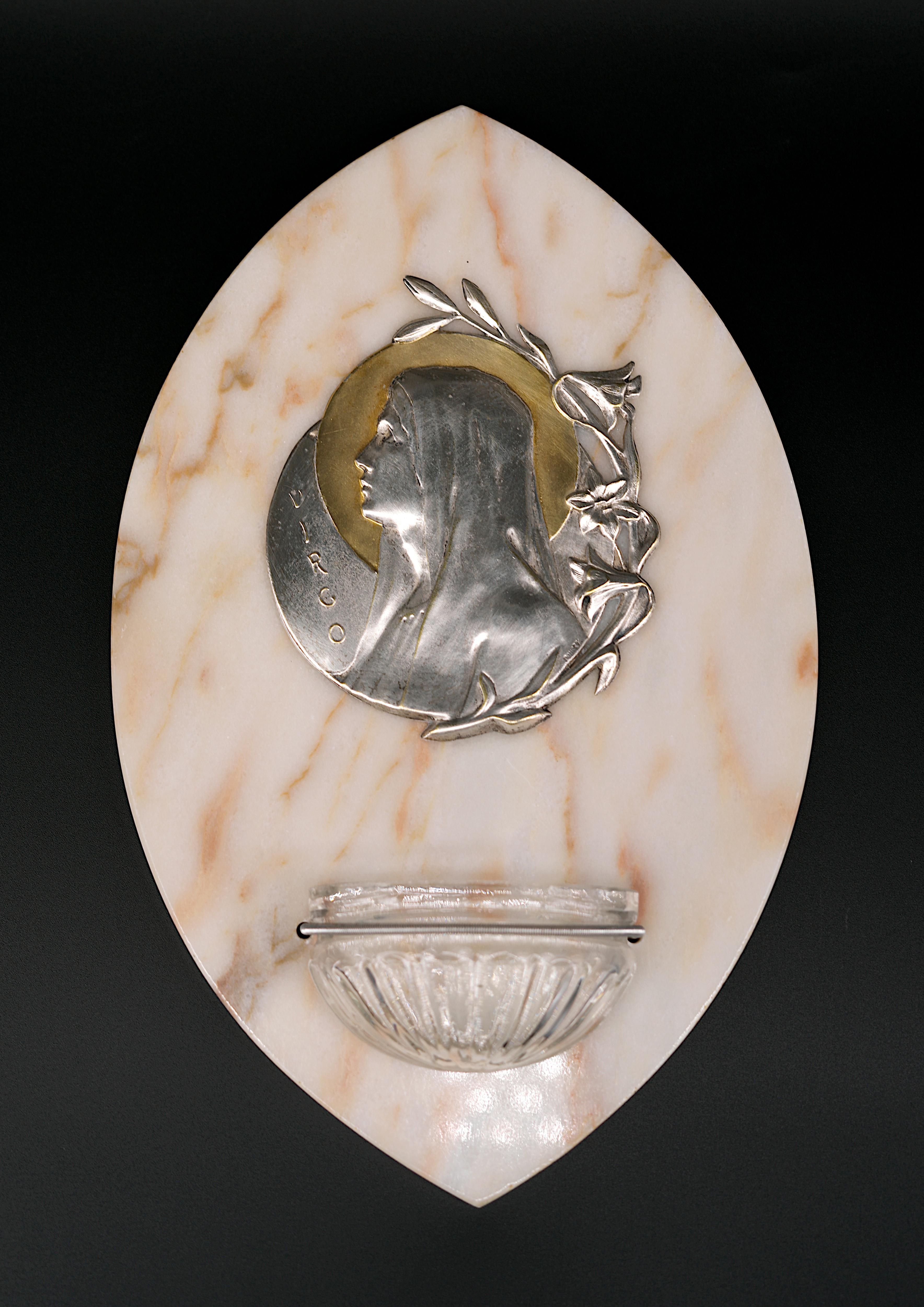 French Art Deco Virgin holy water font by PONCET, France, ca.1920. Madonna - Notre-Dame-de-Lourdes. Bronze, marble and glass. Height : 11