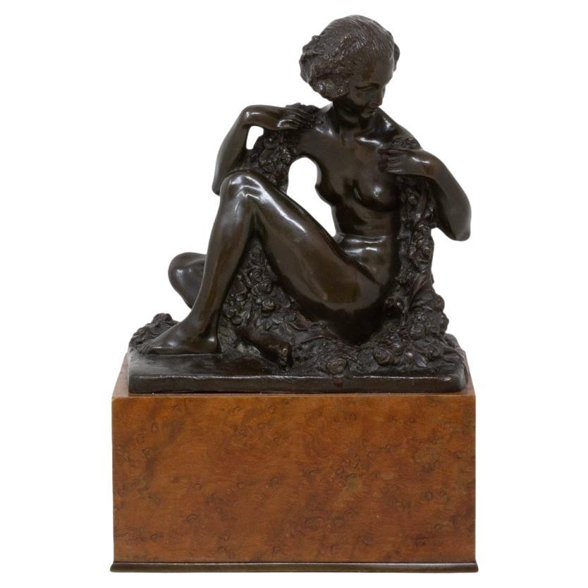 Französische Art Deco Bronze Frau mit Blumen von Bouraine, gegossen von Goldscheider