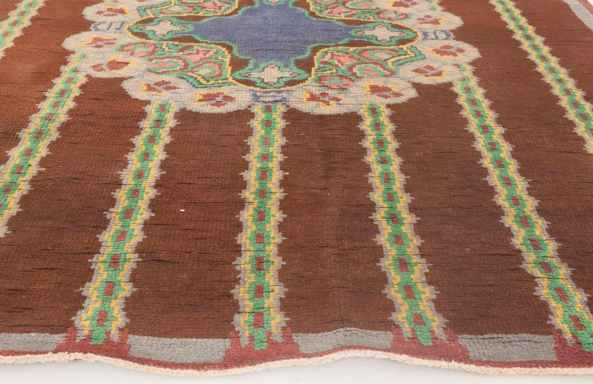 20th Century French Art Deco Brown, Green Handmade Wool Rug For Sale