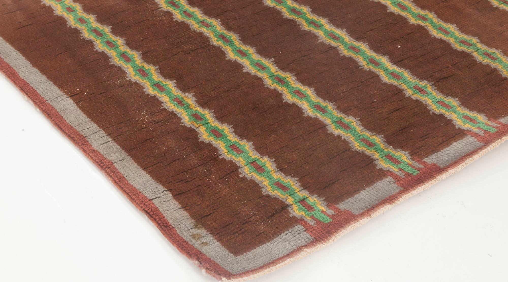 Französisch Art Deco Brown, Green Handmade Wool Rug (20. Jahrhundert) im Angebot
