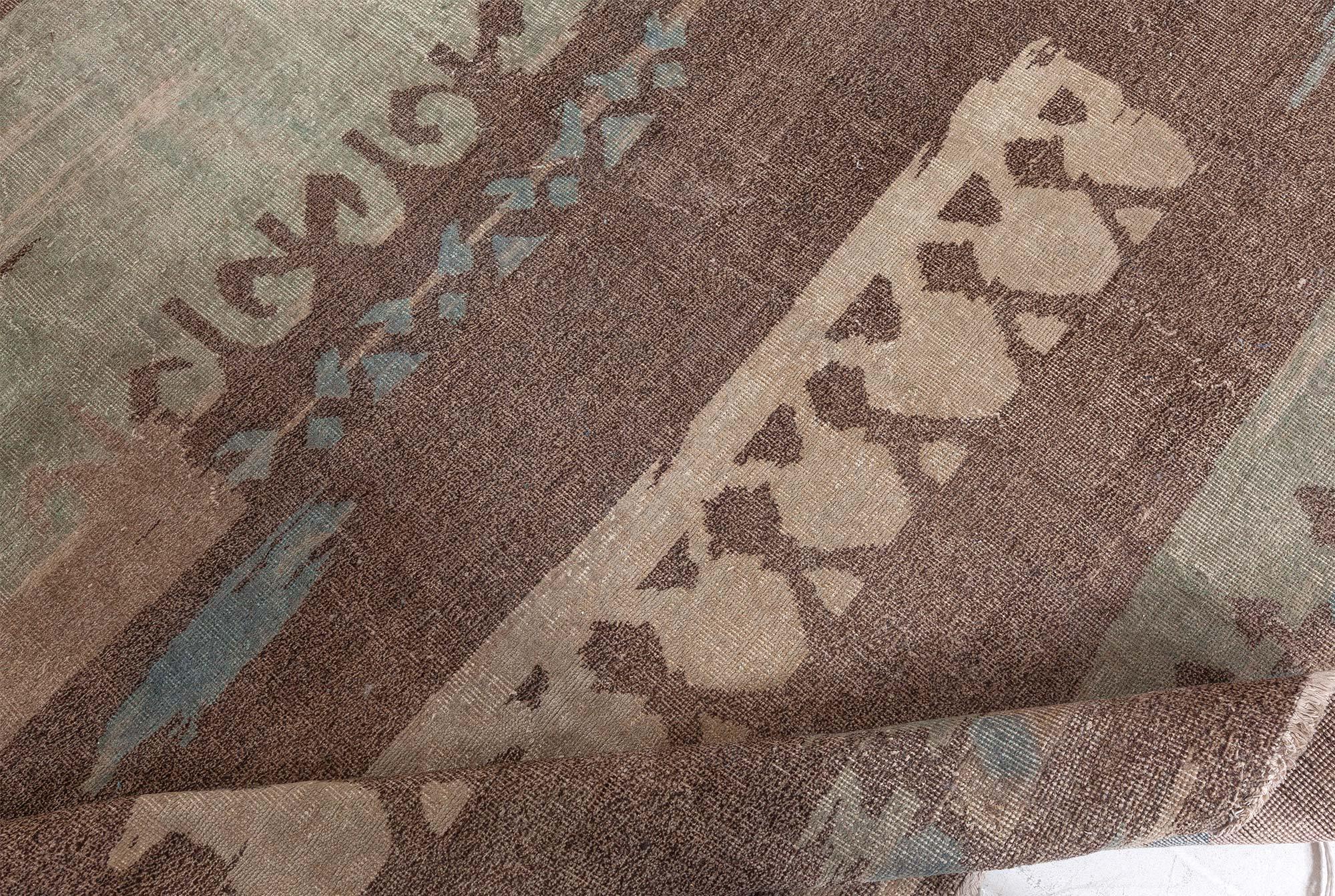 Hand-Knotted French Art Deco Brown Handmade Wool Rug For Sale