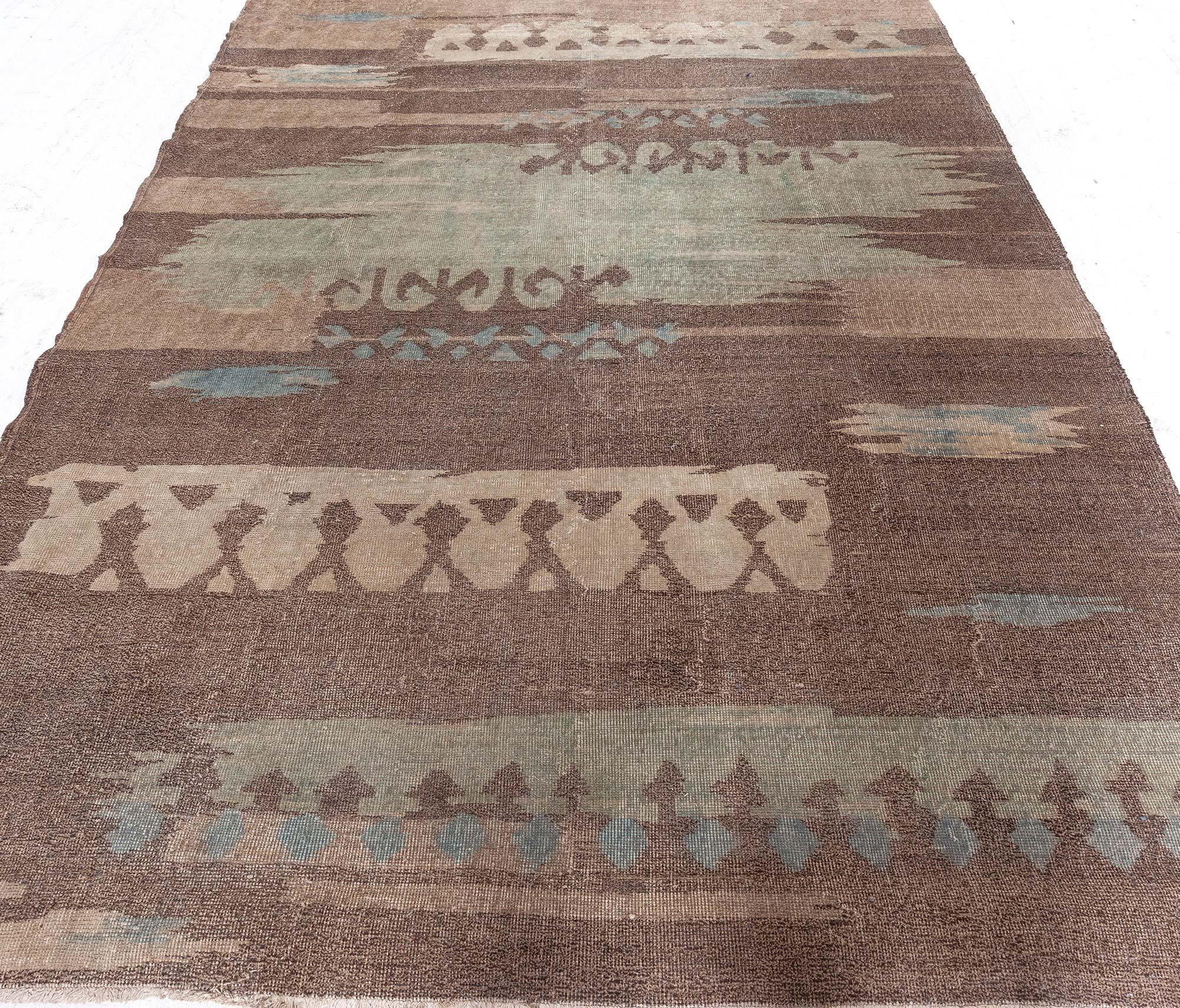 20th Century French Art Deco Brown Handmade Wool Rug For Sale