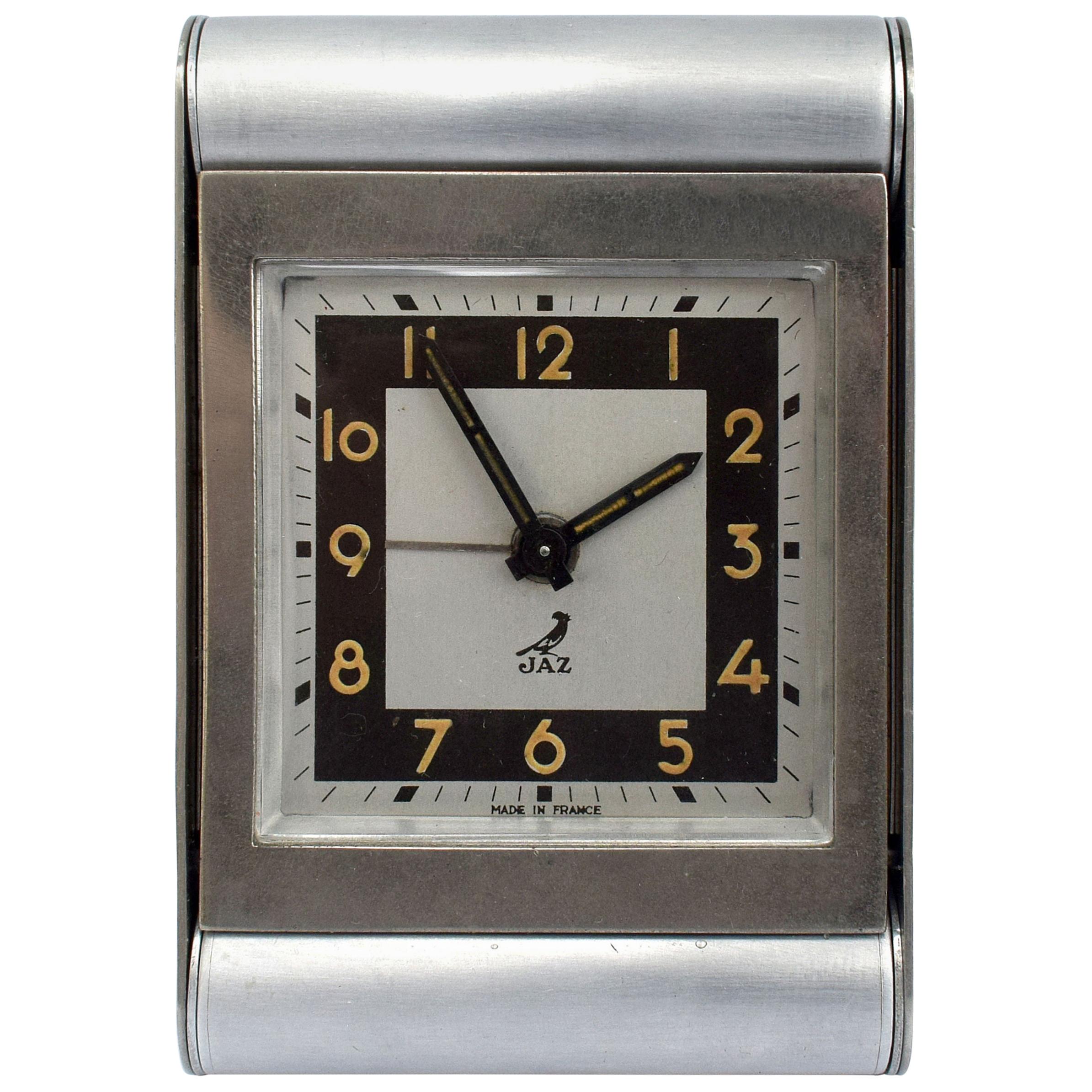 Art Deco Brushed Steel Travel Alarm Clock by JAZ, French , c1930