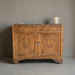 French Art Deco Buffet, Bleached Oak and Marble Top, Carved Panels, 1930s
