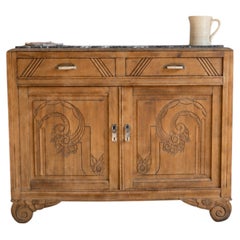 French Art Deco Buffet, Bleached Oak and Marble Top, Carved Panels, 1930s