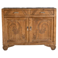 French Art Deco Buffet, Bleached Oak and Marble Top, Carved Panels, 1930s
