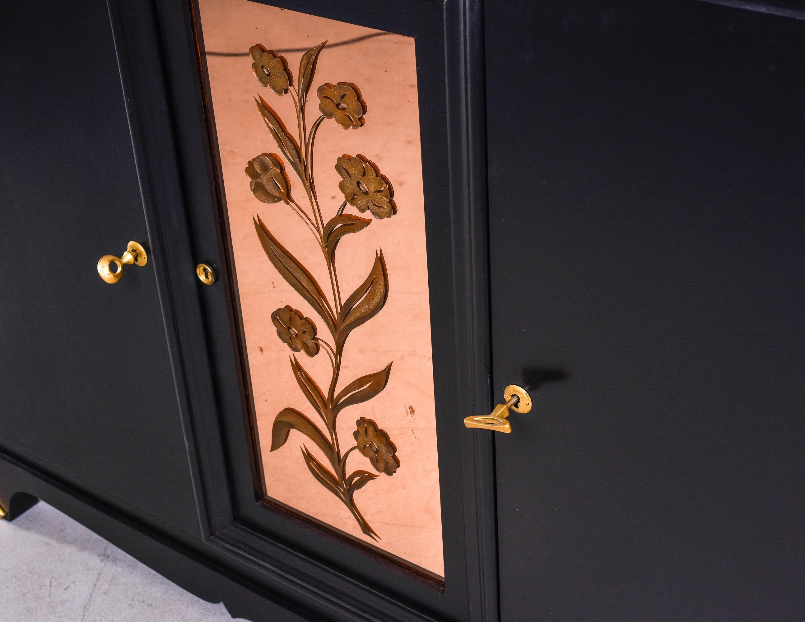 French Art Deco Buffet Cabinet with Black Finish and Mirrored Center Panel 4