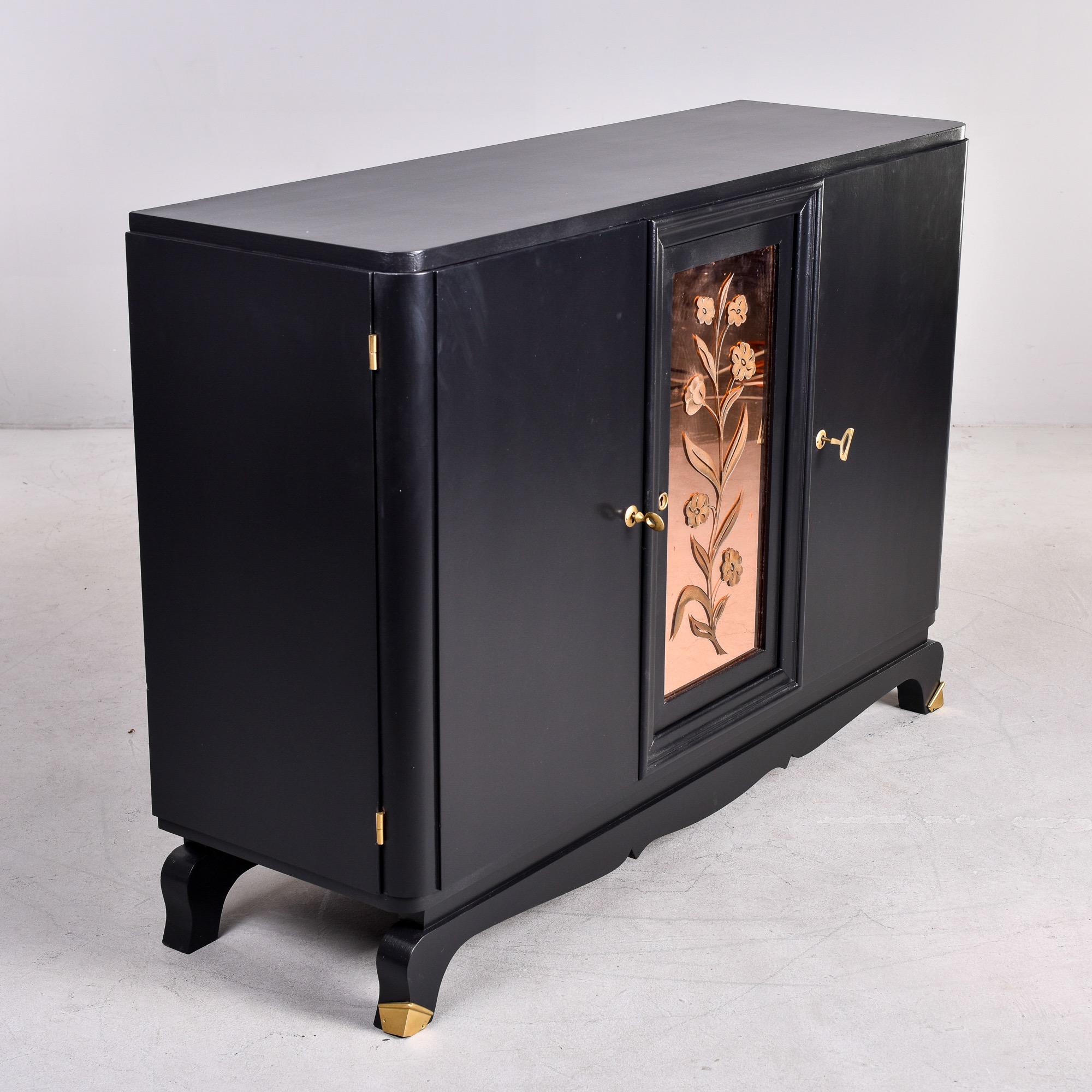 Brass French Art Deco Buffet Cabinet with Black Finish and Mirrored Center Panel