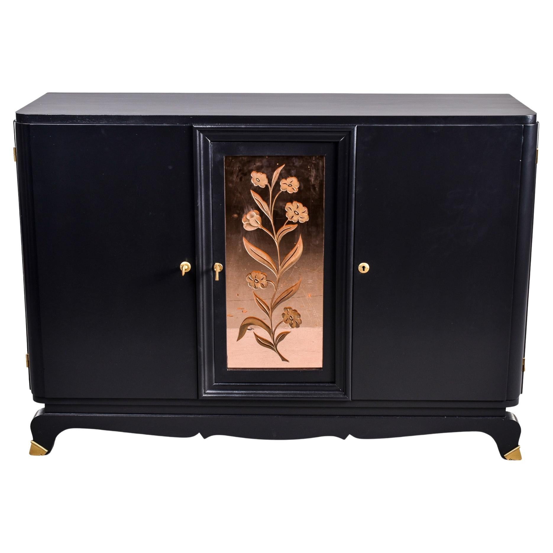 French Art Deco Buffet Cabinet with Black Finish and Mirrored Center Panel
