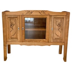 French Art Deco Buffet, Carved Ash, Bird Motifs, Glazed Door, 1930s
