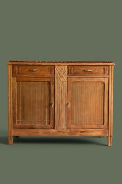 French Art Deco Buffet, Carved Hardwood and Rouge Marble, 1930s