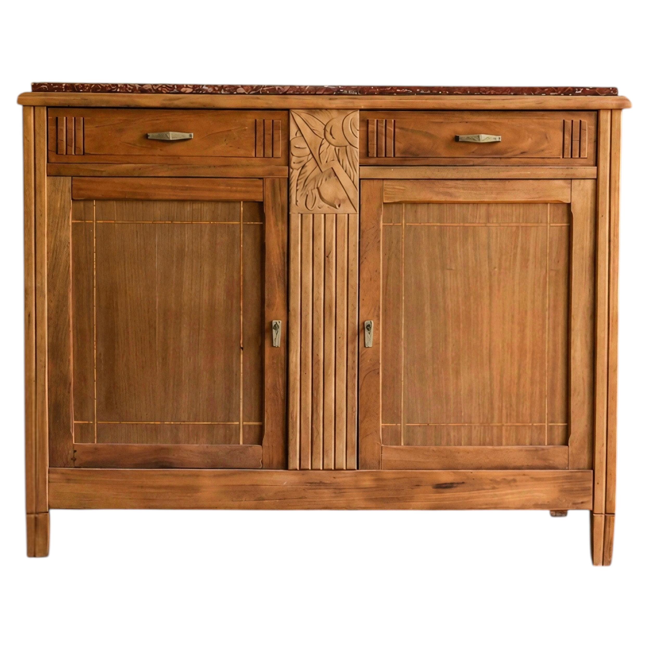 Credenza Art Déco francese, legno massello intagliato e marmo rosso, anni ’30
